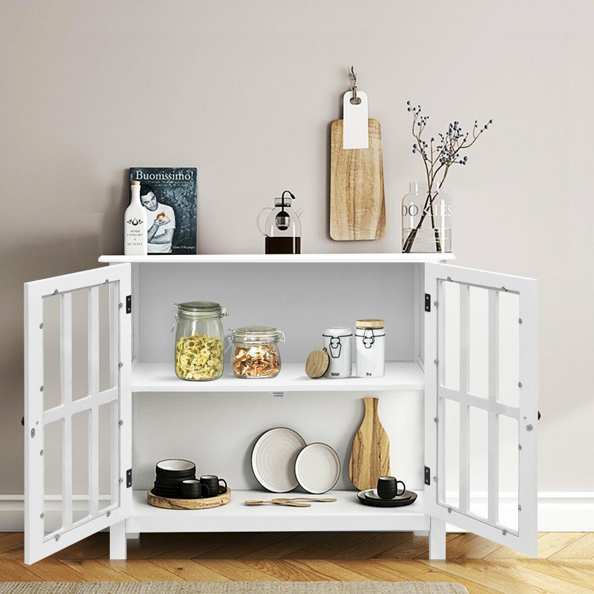Costway 31'' Storage Buffet Cabinet Glass Door Sideboard Console Table Server Display White