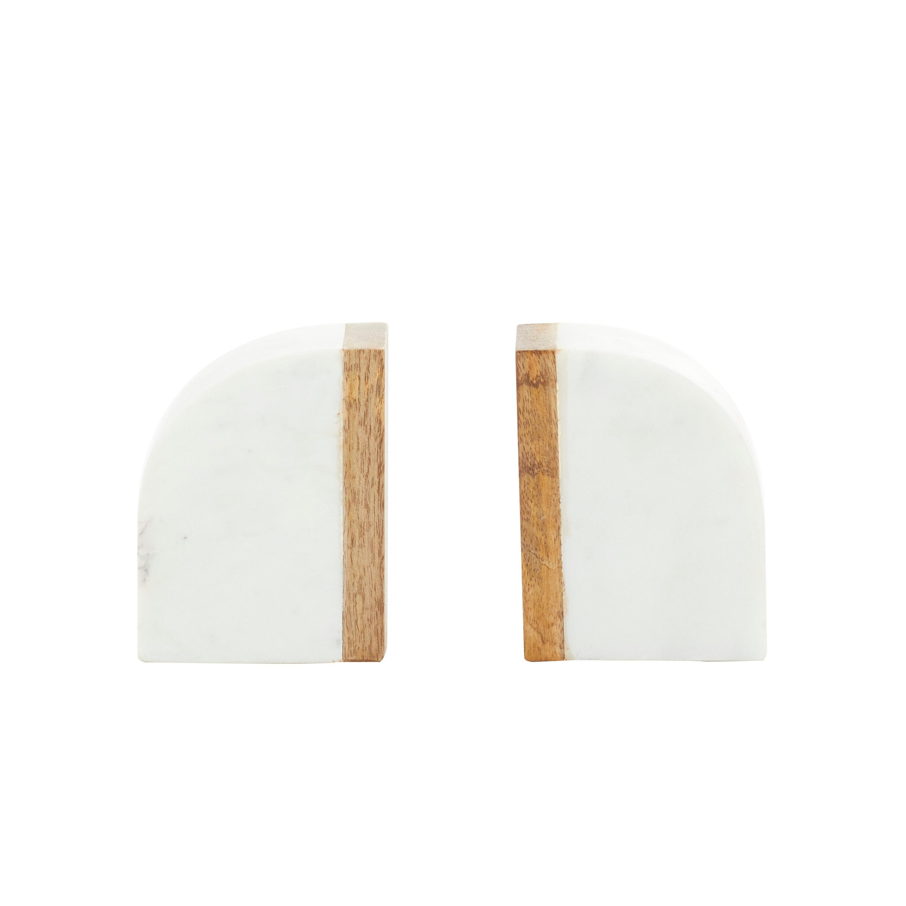 DecMode 4" 5 lbs White Marble Bookends with Wood Details (Set of 2)