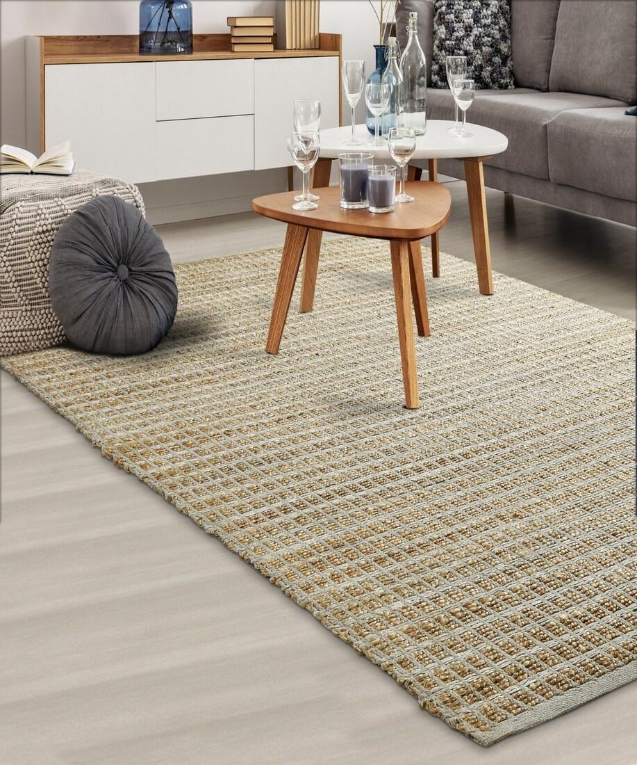 LR Home Natalie Jade Natural/Gray Grid Transitional Jute Blend Area Rug, 5' x 7'9"