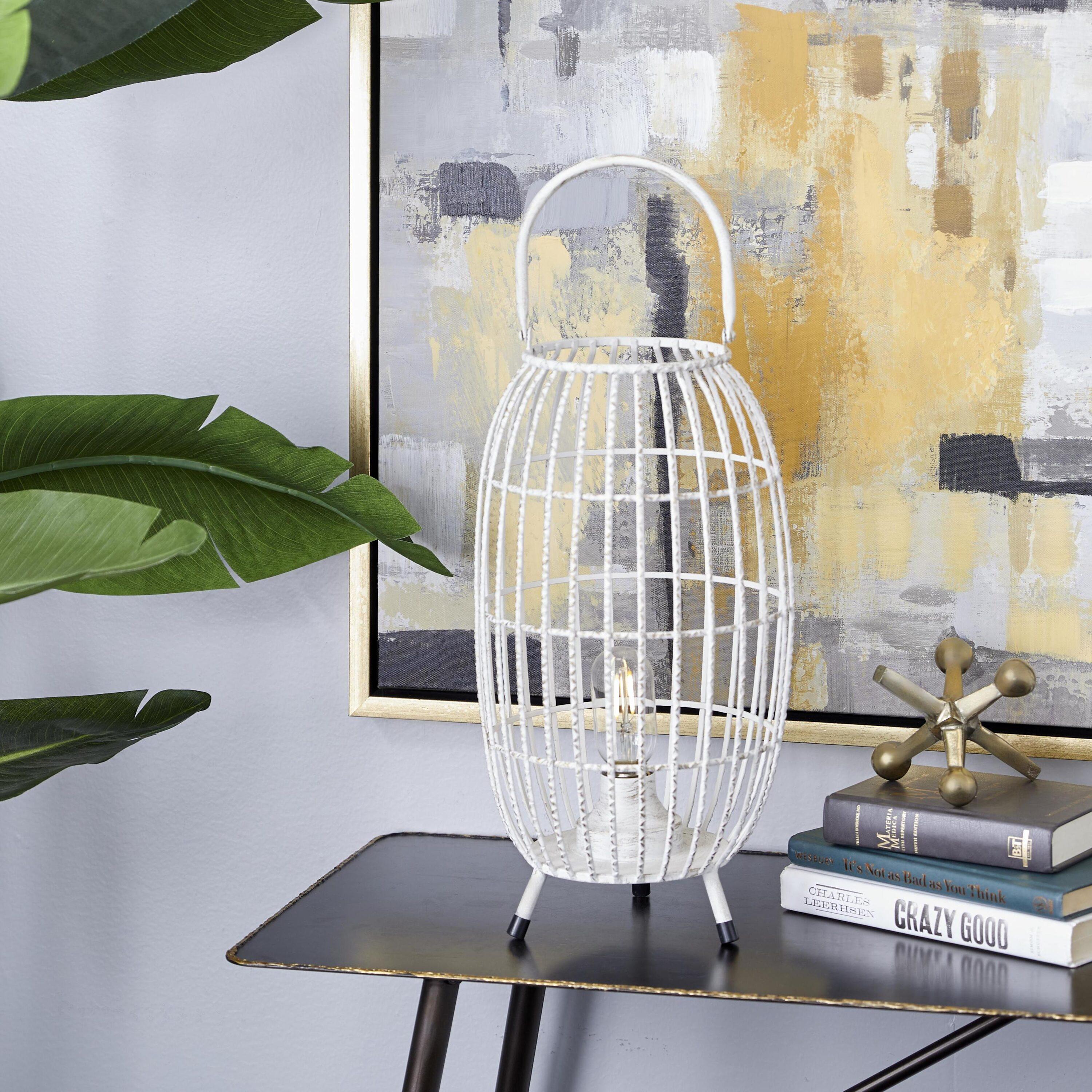 16" x 8.5" Oval Modern Metal Caged Candle Holder with Led Light Bulb Center White - Olivia & May