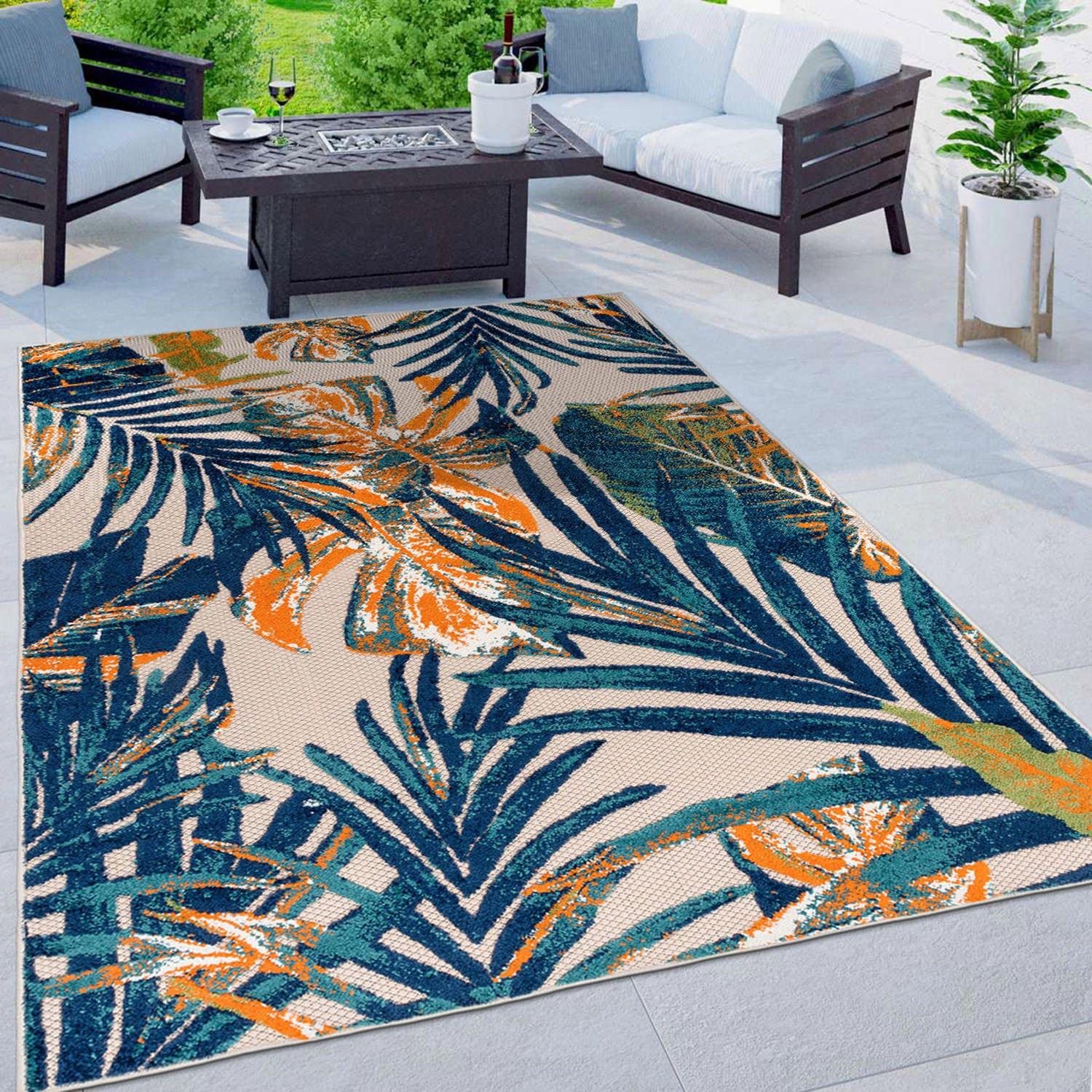 Tropical Floral Multi-Color Synthetic Indoor/Outdoor Rug 3'3"x5'