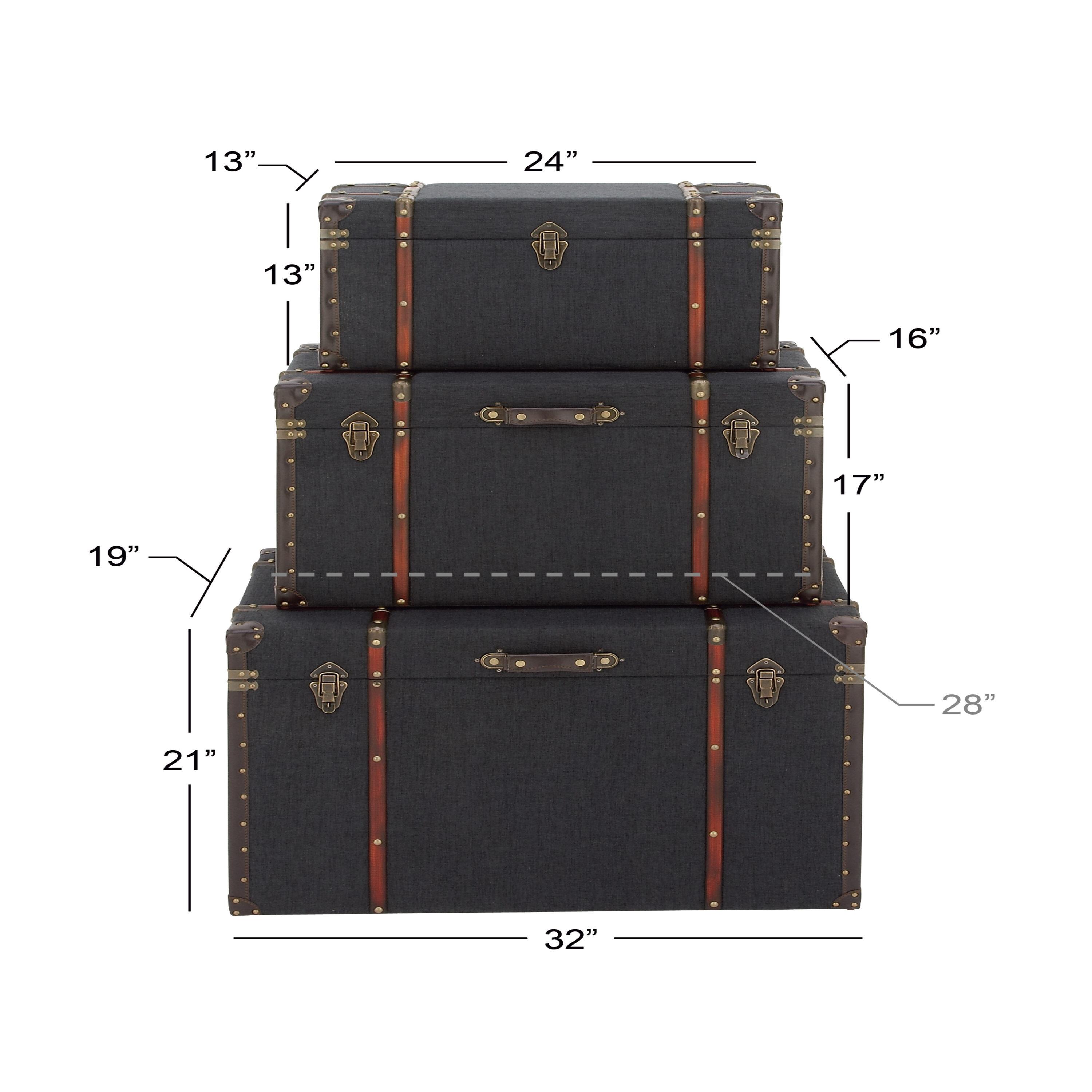 DecMode 24" x 13" Blue Linen Fabric Nesting Upholstered Trunk with Buckle Hinged Top, 3-Pieces
