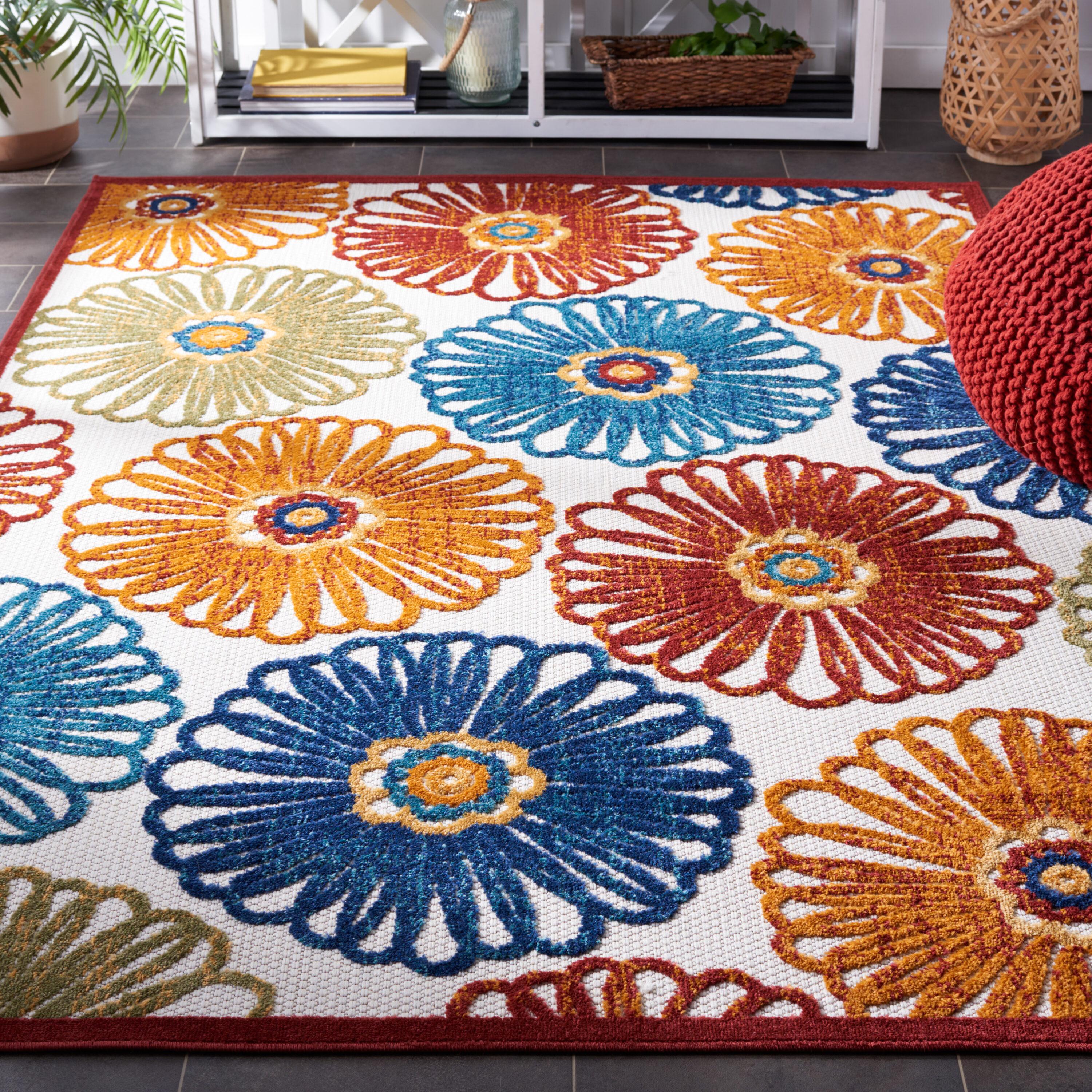 Cabana Floral Creme and Red 2' x 4' Synthetic Area Rug