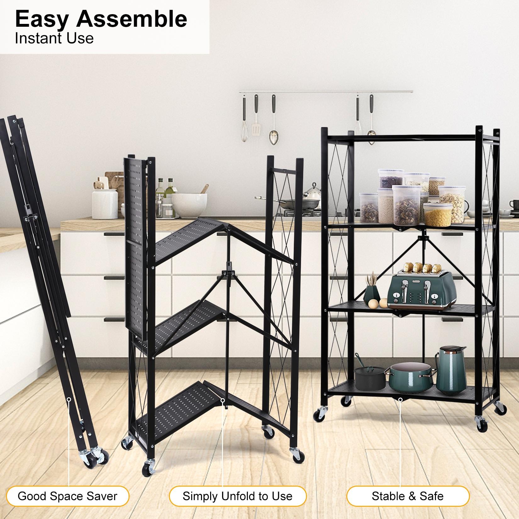 HeSLehs 4-Tier Heavy Duty Foldable Metal Rack Storage Shelving Unit with Wheels Moving Easily Organizer Shelves Great for Garage Kitchen, Black