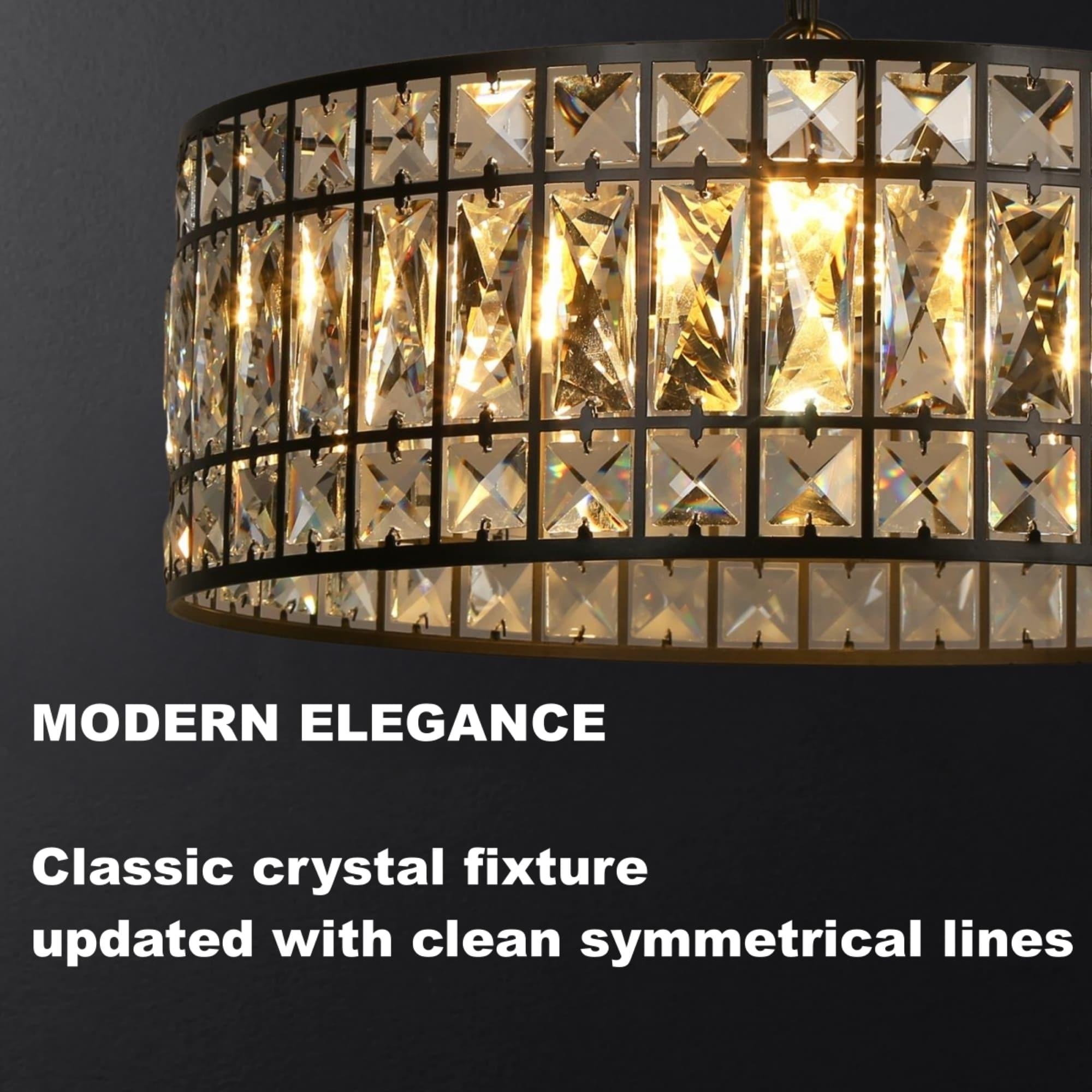 LNC Chispa 3-Light Matte Black Drum LED Dry Rated Chandelier: UL Listed, Adjustable Height, Crystal Decor