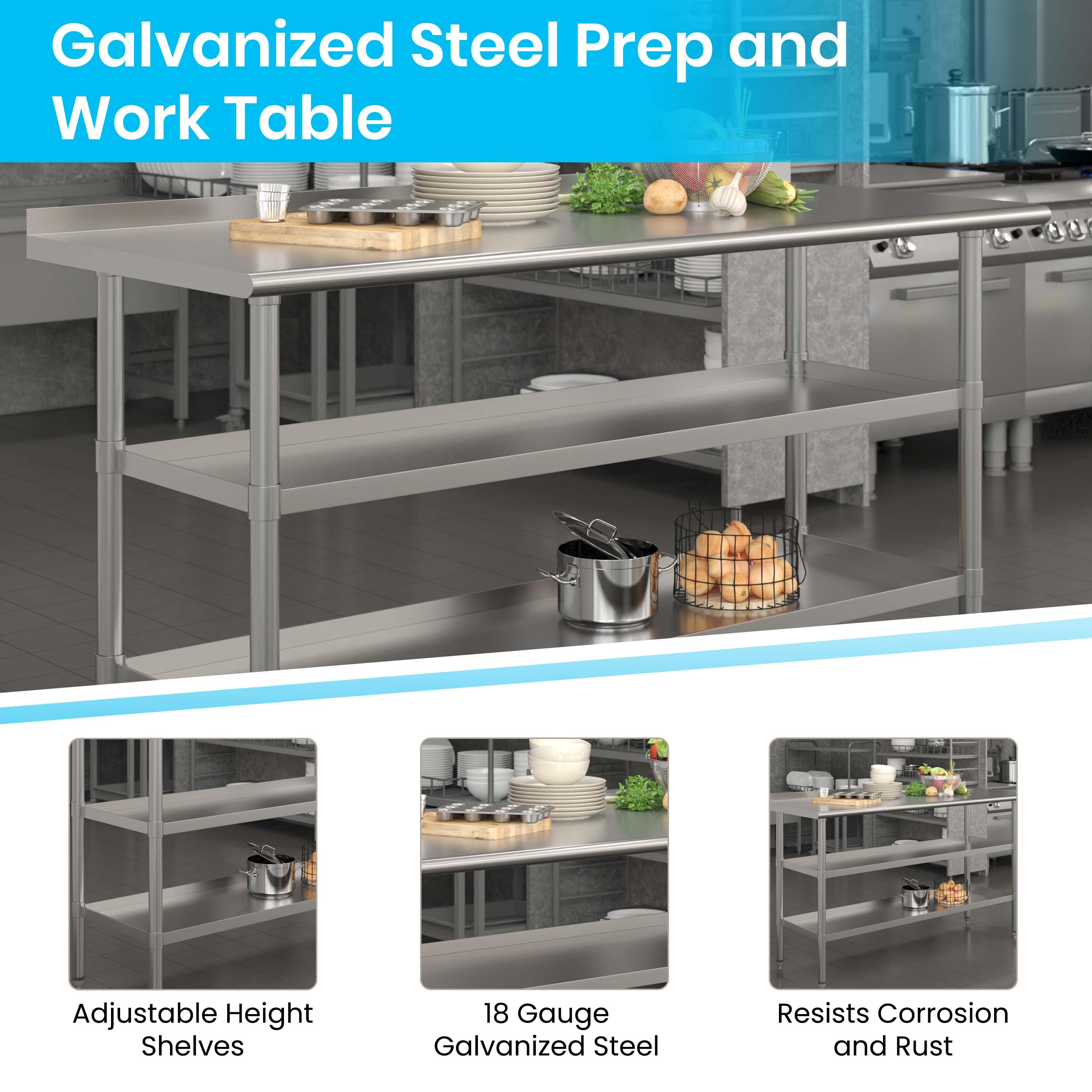 Woodford NSF Stainless Steel 18 Gauge Work Table - Backsplash and 2 Shelves