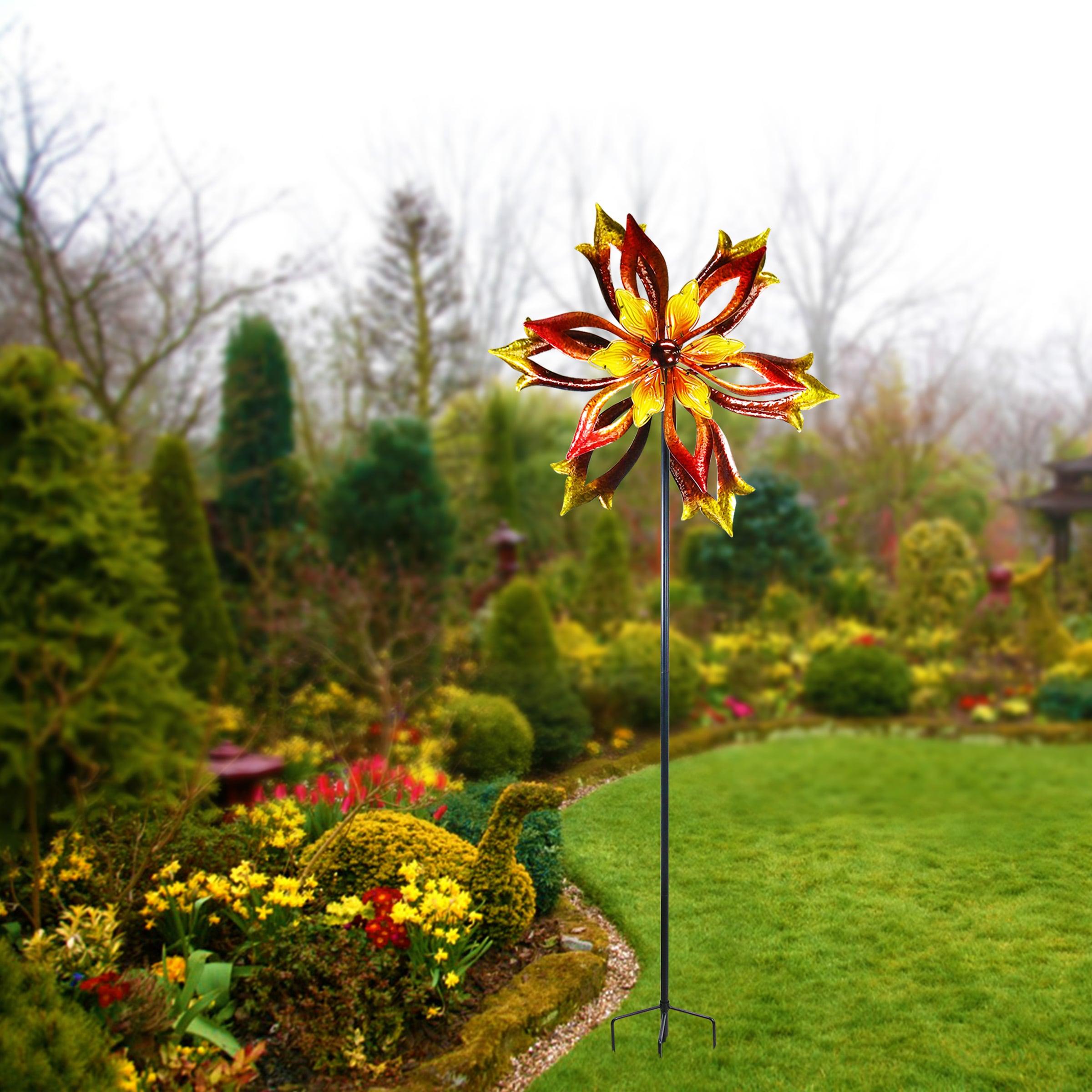 96" Glass/Iron Outdoor Flower Dual Kinetic Spinner Stake Red/Yellow - Alpine Corporation: Yard Art Decor