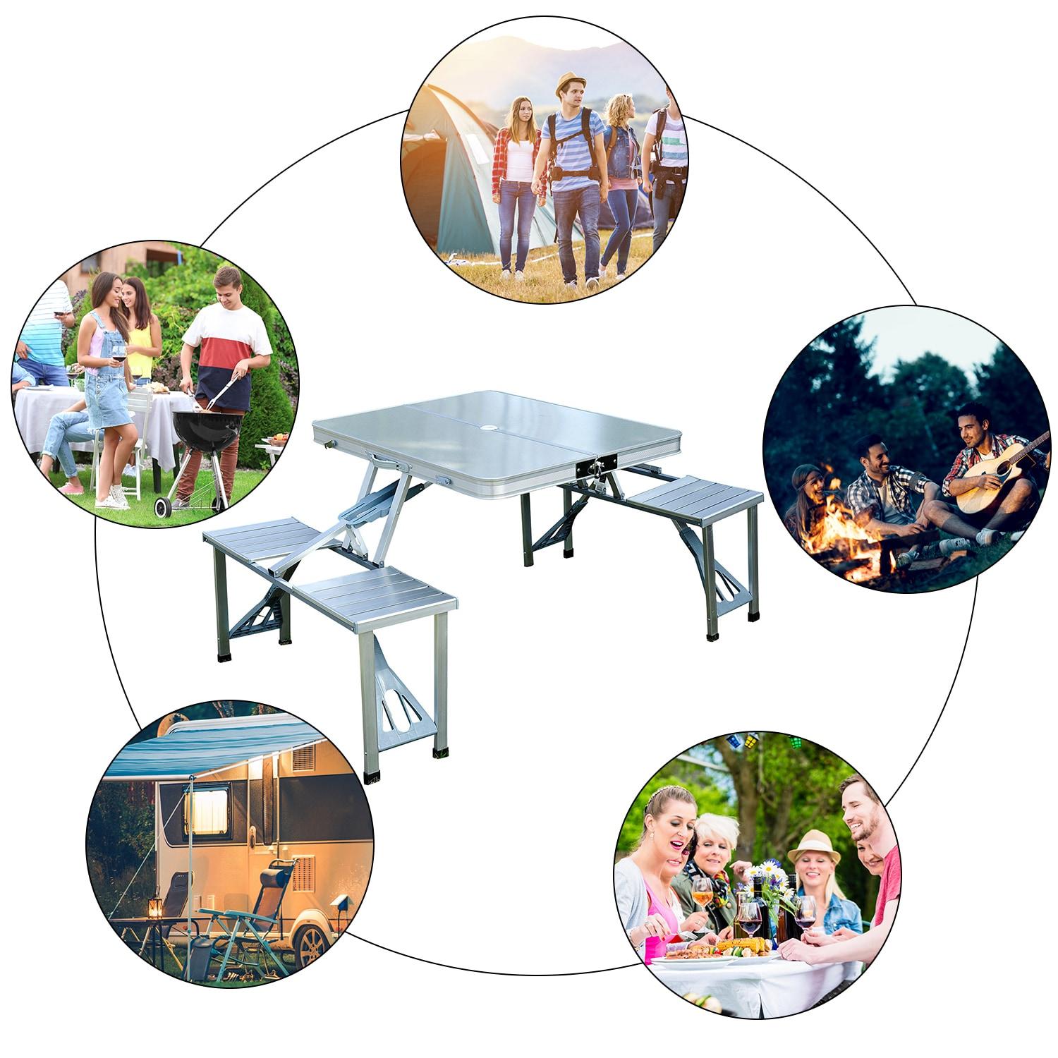 Outsunny Porch or Camping Picnic Table Folding with Carry Handle, Portable Outdoor Table with Bench, Patio Table with Umbrella Hole, Silver