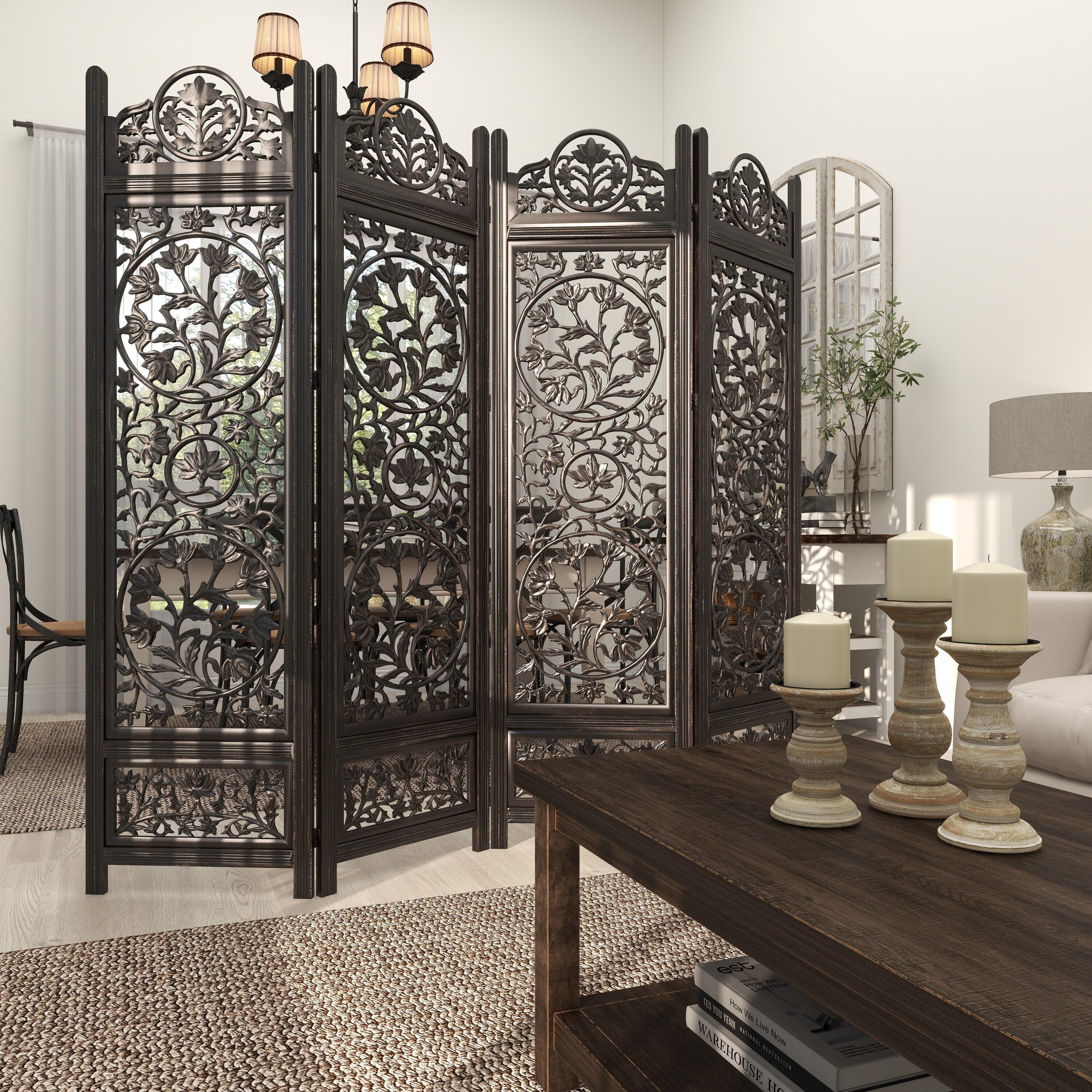 DecMode 80" x 72" Black Wood Floral Handmade Hinged Foldable Partition 4 Panel Room Divider Screen with Intricately Carved Designs, 1-Piece