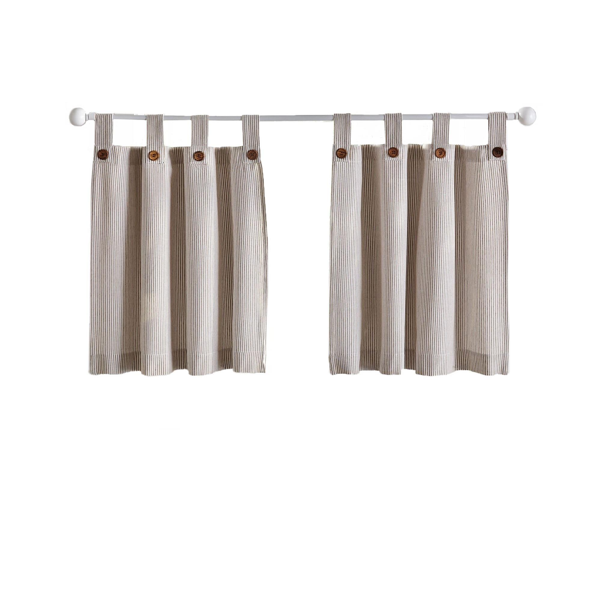 Tucker Ticking Stripe Button Tab Top Window Kitchen Tier Set of 2 - 30" x 24" - Linen - Elrene Home Fashions