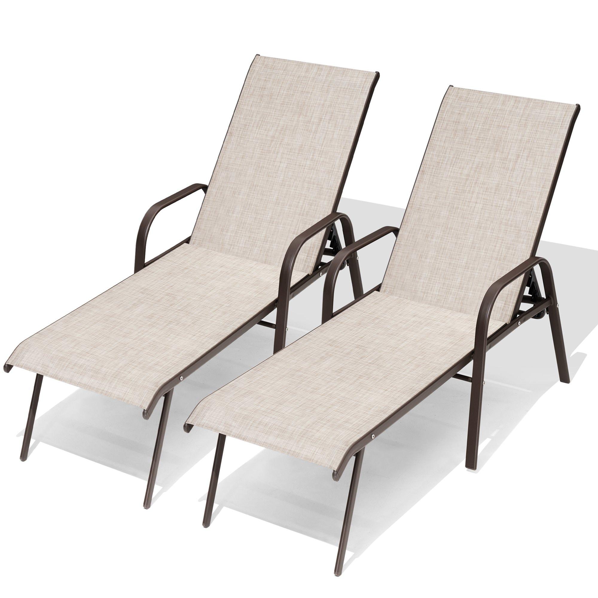 Adjustable Brown Metal and Off-White Textilene Chaise Lounger Set