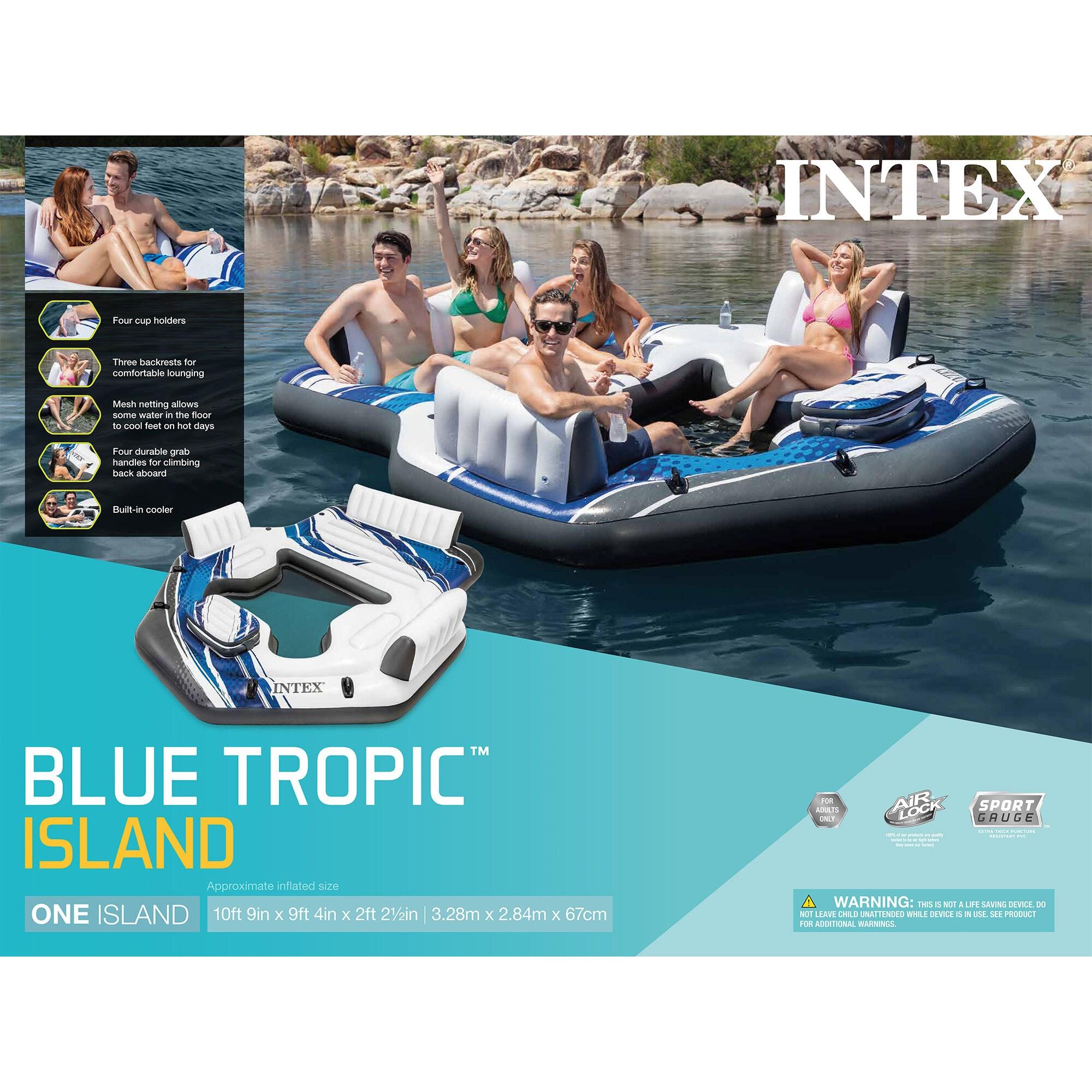 Intex Blue Tropic Inflatable Lake or Swimming Pool Island Water Floating Lounger Raft with Backrests, Built-In Cooler, and 4 Cupholders