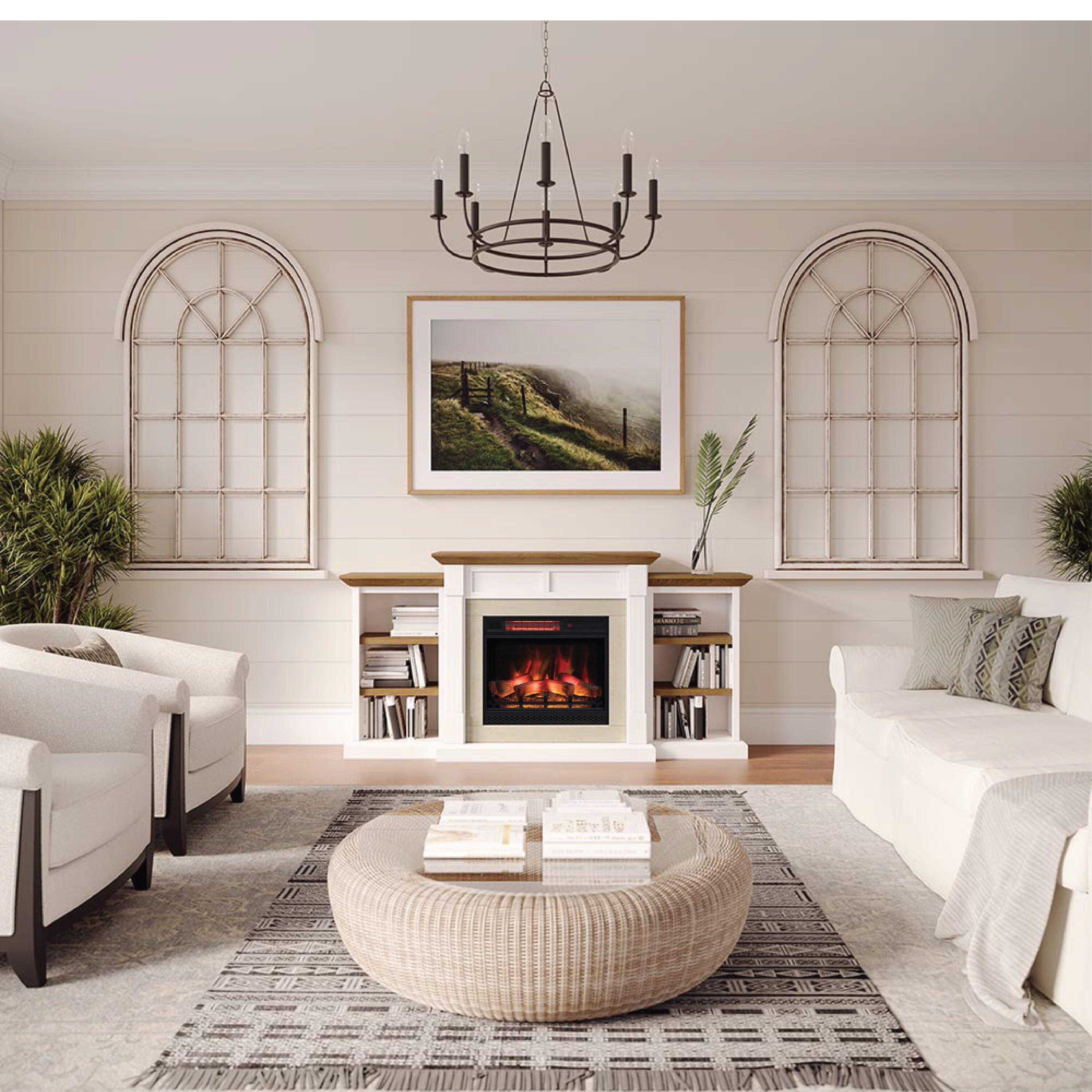 Country Living Belhaven 74 Inch Bookcase Mantel Package | 23 Inch Smart Electric Fireplace Insert Heater