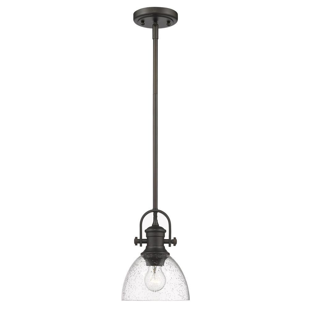 Golden Lighting Hines 1-Light Mini Pendant in Rubbed Bronze with Seeded Glass
