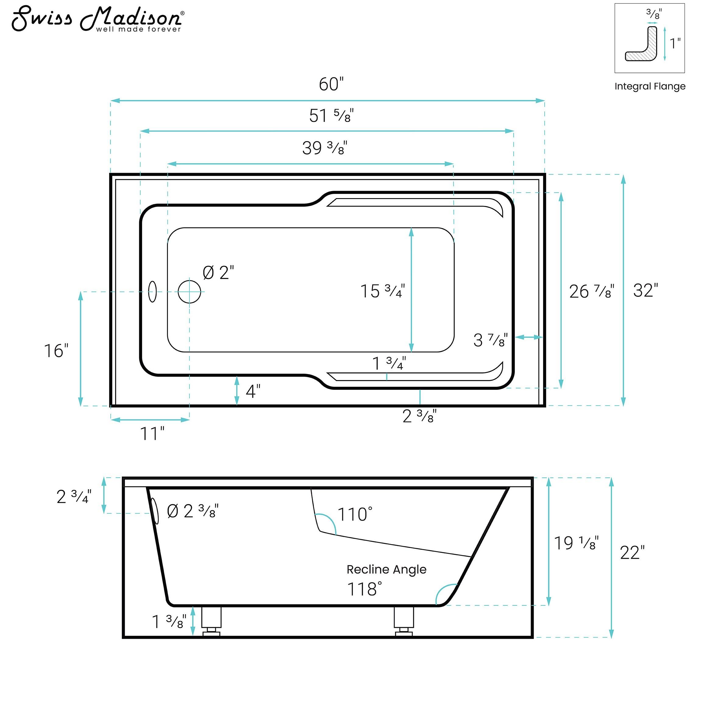 Voltaire 60" x 32" Alcove Bathtub with Apron