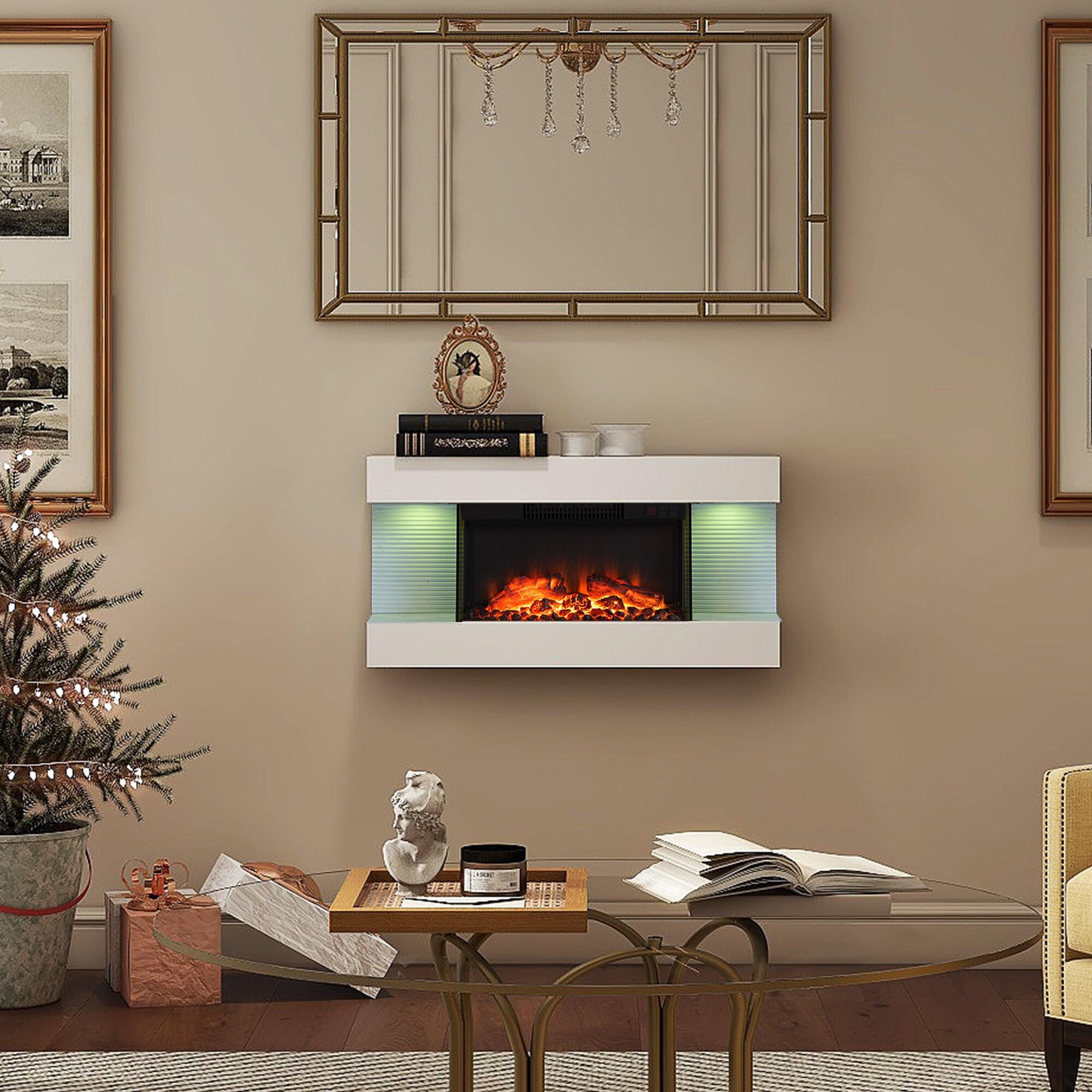 32" White Metal Wall Mounted Electric Fireplace with Remote Control