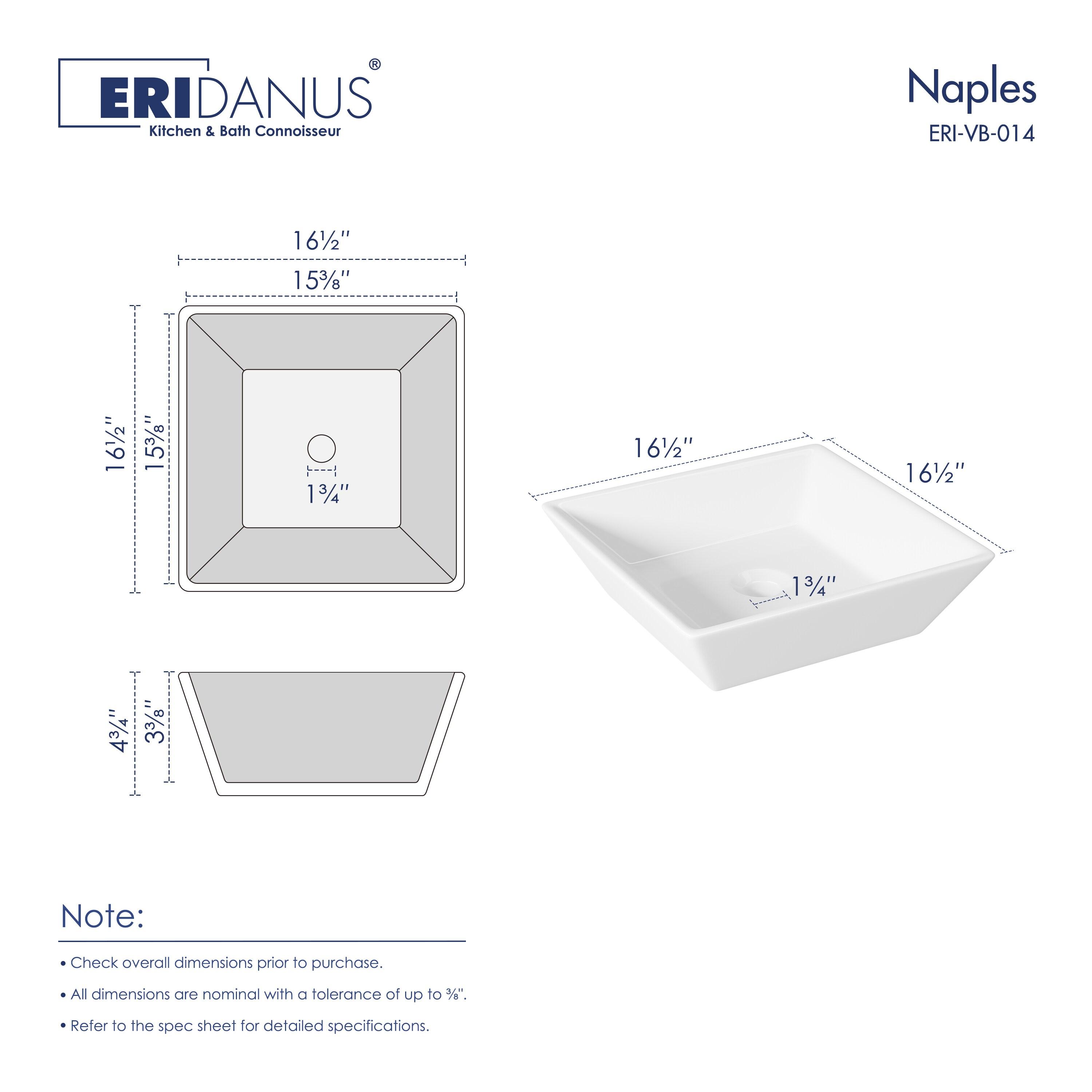 Naples 16" W x 5" H Square Vitreous ChinaBathroom Countertop Sink Vessel Sink in White