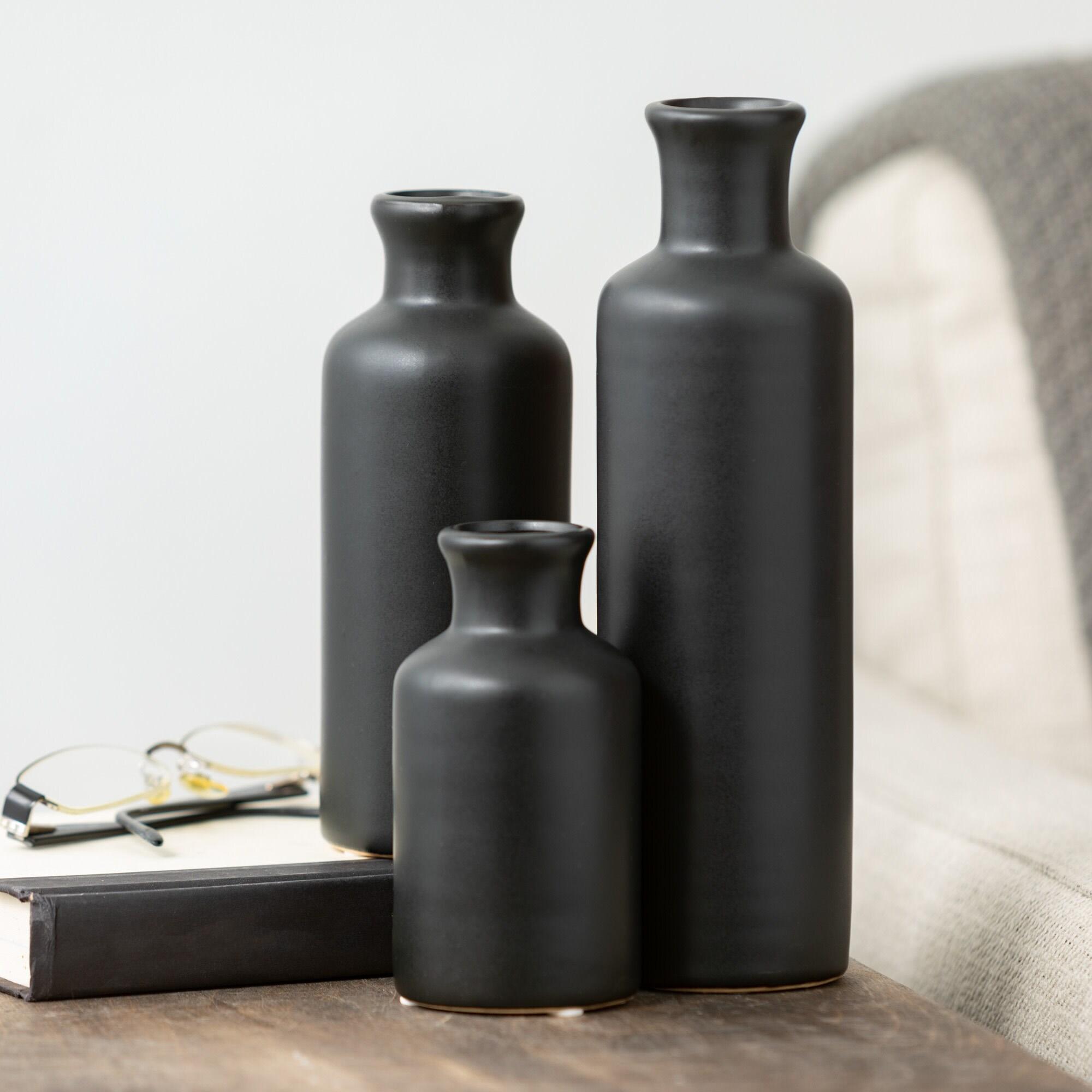 Sullivans Matte Black Set of 3 Small Ceramic Bottle Vases 5"H, 7.5"H & 10"H Black