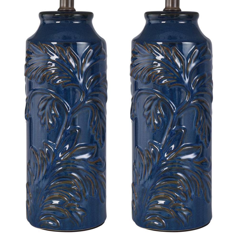 Set of 2 Cloverfield Ceramic Table Lamps Navy Blue - StyleCraft: Botanical Pattern, White Linen Shade