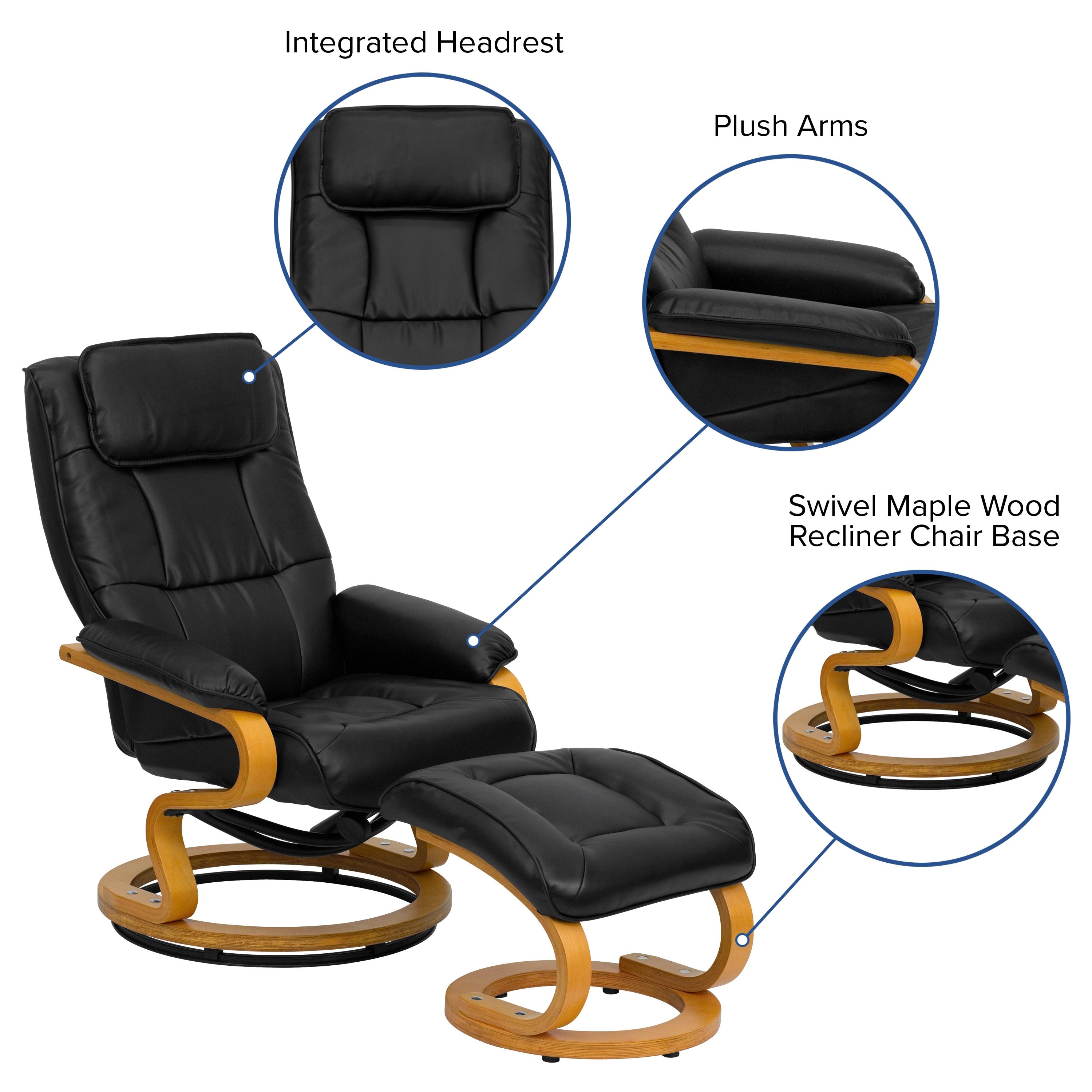 Flash Furniture Davies Contemporary Adjustable Recliner and Ottoman with Swivel Maple Wood Base in Black LeatherSoft