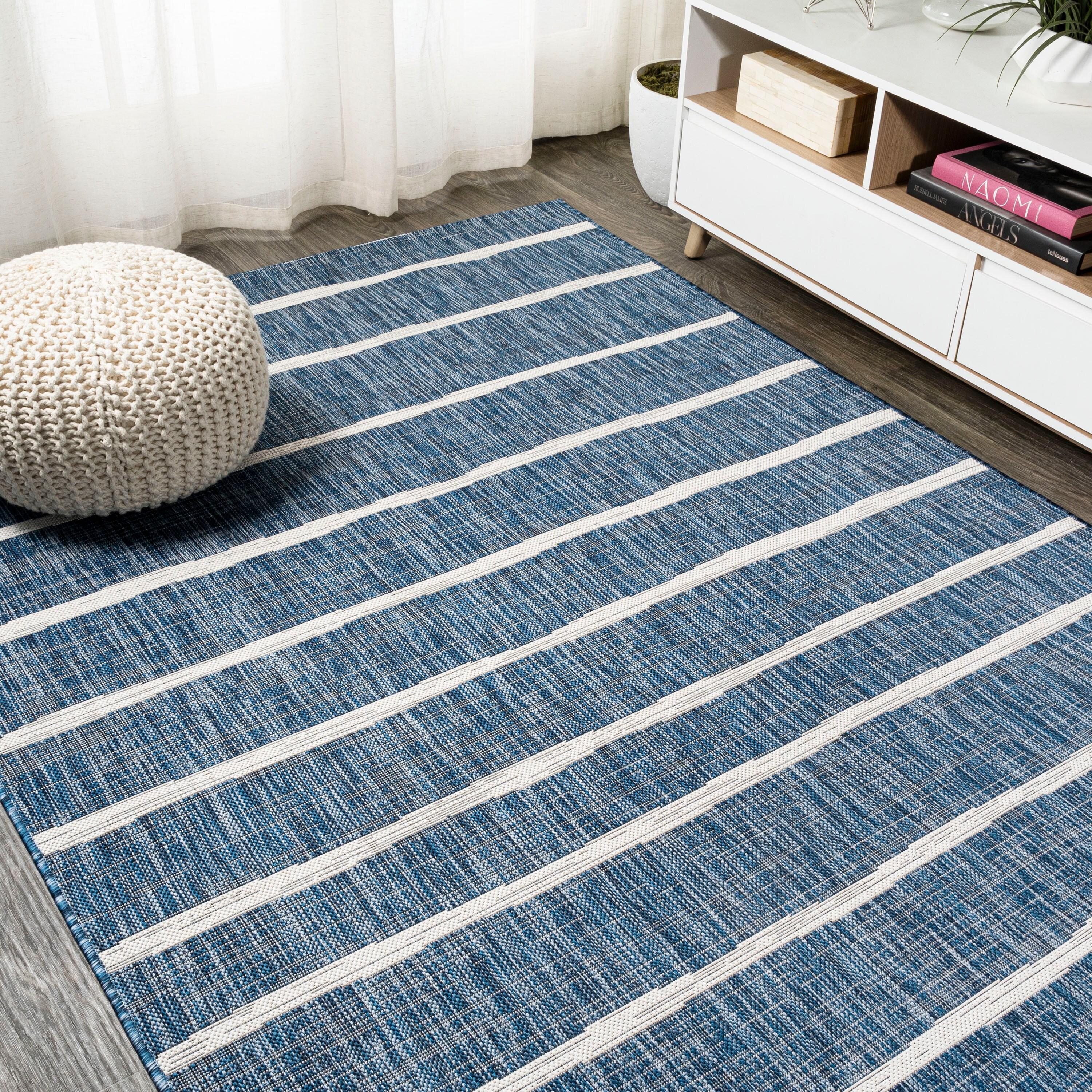 3'x5' Colonia Berber Stripe Indoor/Outdoor Area Rug, Blue/Ivory - JONATHAN Y