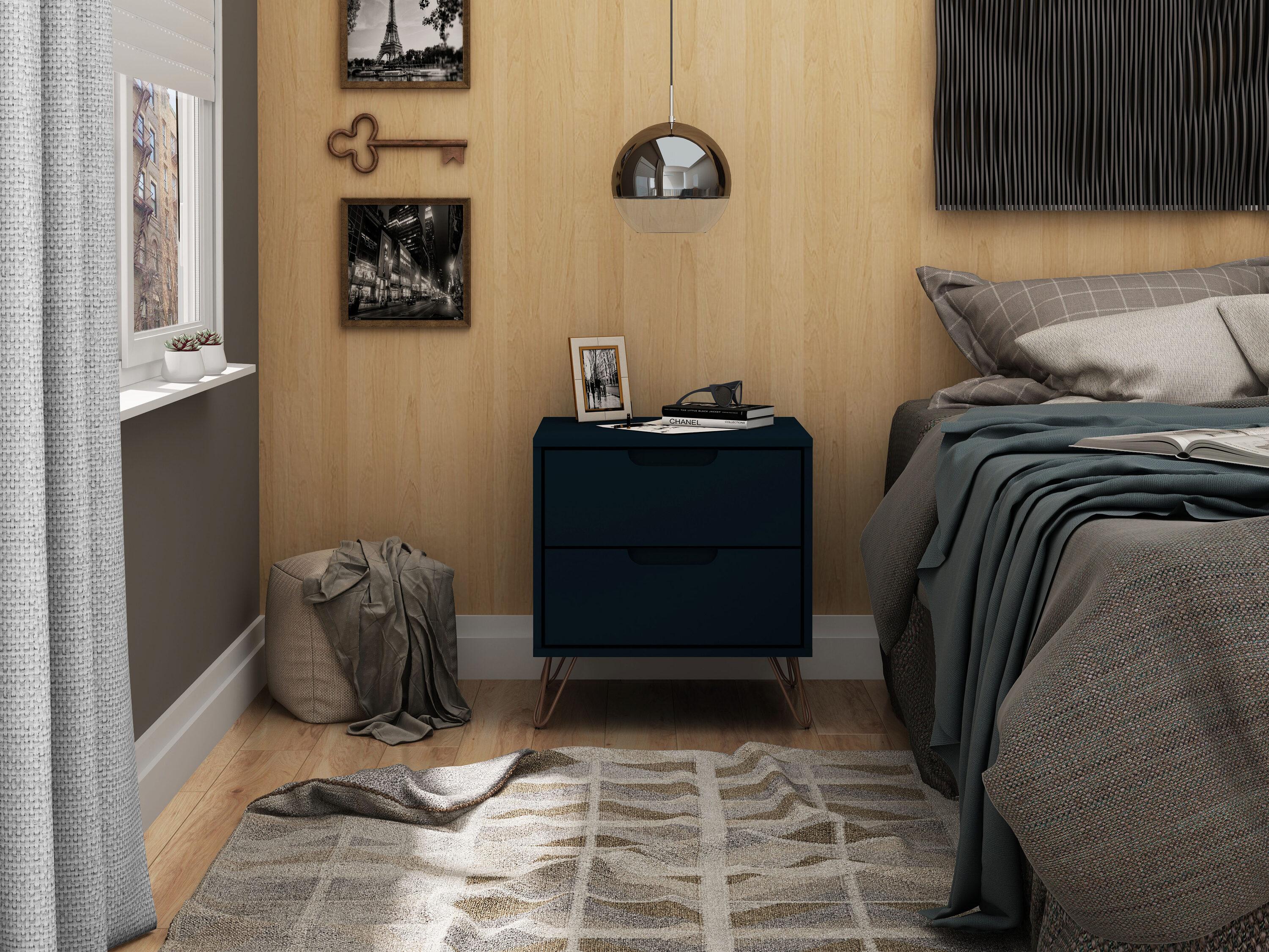 2.0 Rockefeller Nightstand Blue - Manhattan Comfort: Modern MDF Bedside Storage with Metal Glides