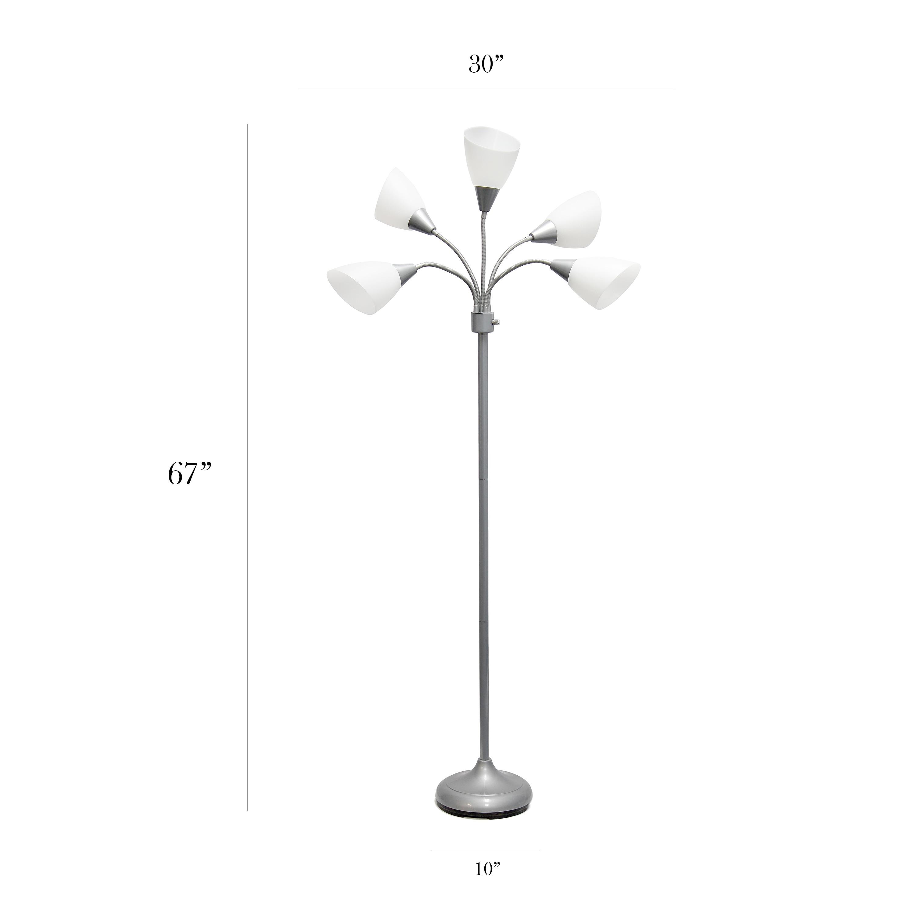 Simple Designs 67" Medusa 5-Light Adjustable Gooseneck Floor Lamp, Silver with White Shades