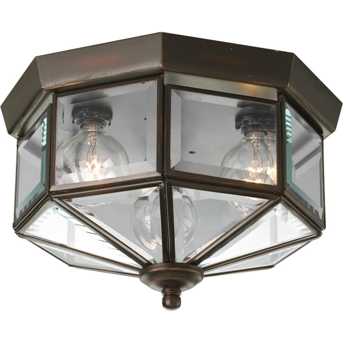 Progress Lighting, Hide-a-lite Iii, 3-Light Flush Mount, Antique Bronze, Clear Beveled Glass, Brass Material