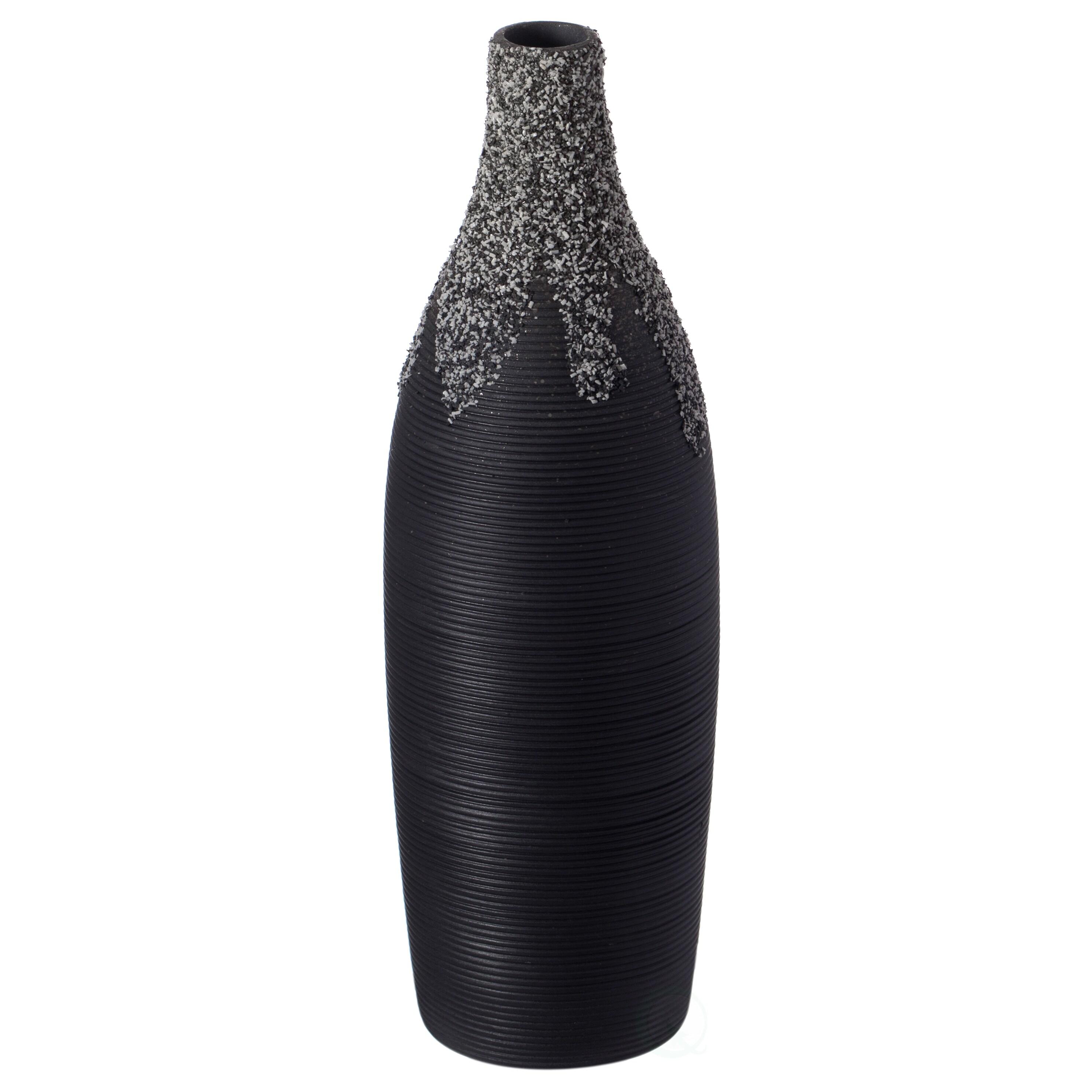 Uniquewise 9 Inch Modern Decorative Ceramic Table Vase Ripped Design Bottle Shape Flower Holder, Black