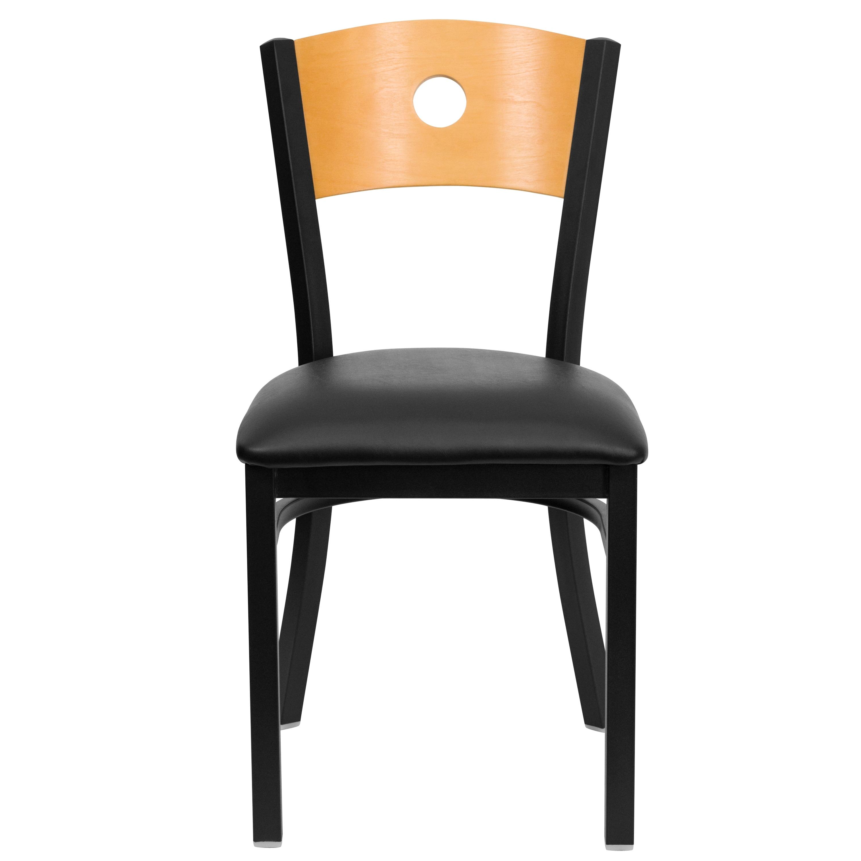 BizChair Black Circle Back Metal Restaurant Chair - Natural Wood Back, Black Vinyl Seat