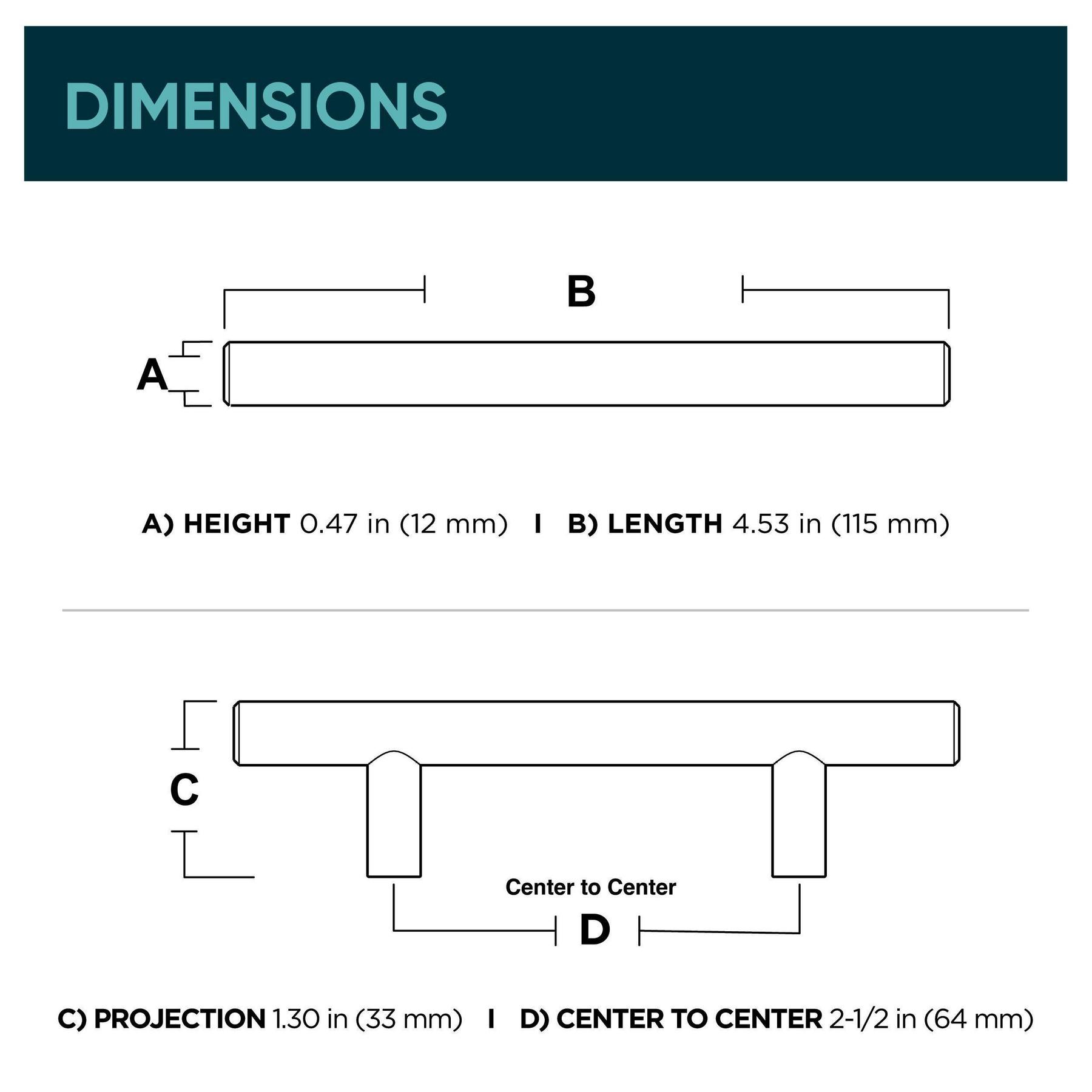 Bar Pull Kitchen Cabinet Handles, Solid Core Drawer Pulls for Cabinet Doors, 2-1/2" (64mm)