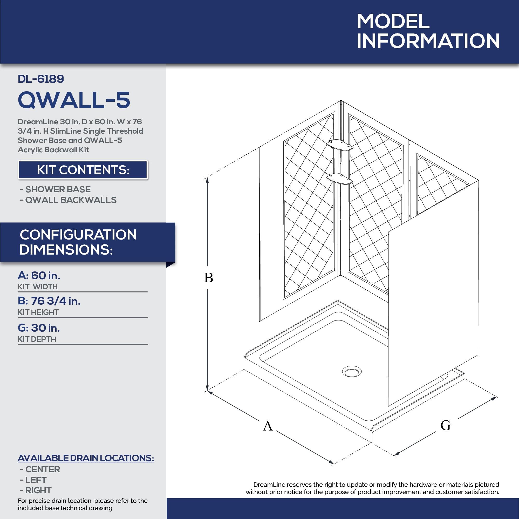 Qwall Wall Kit in White 30" D x 60" W x 76 3/4" H Left Drain Acrylic Shower Base