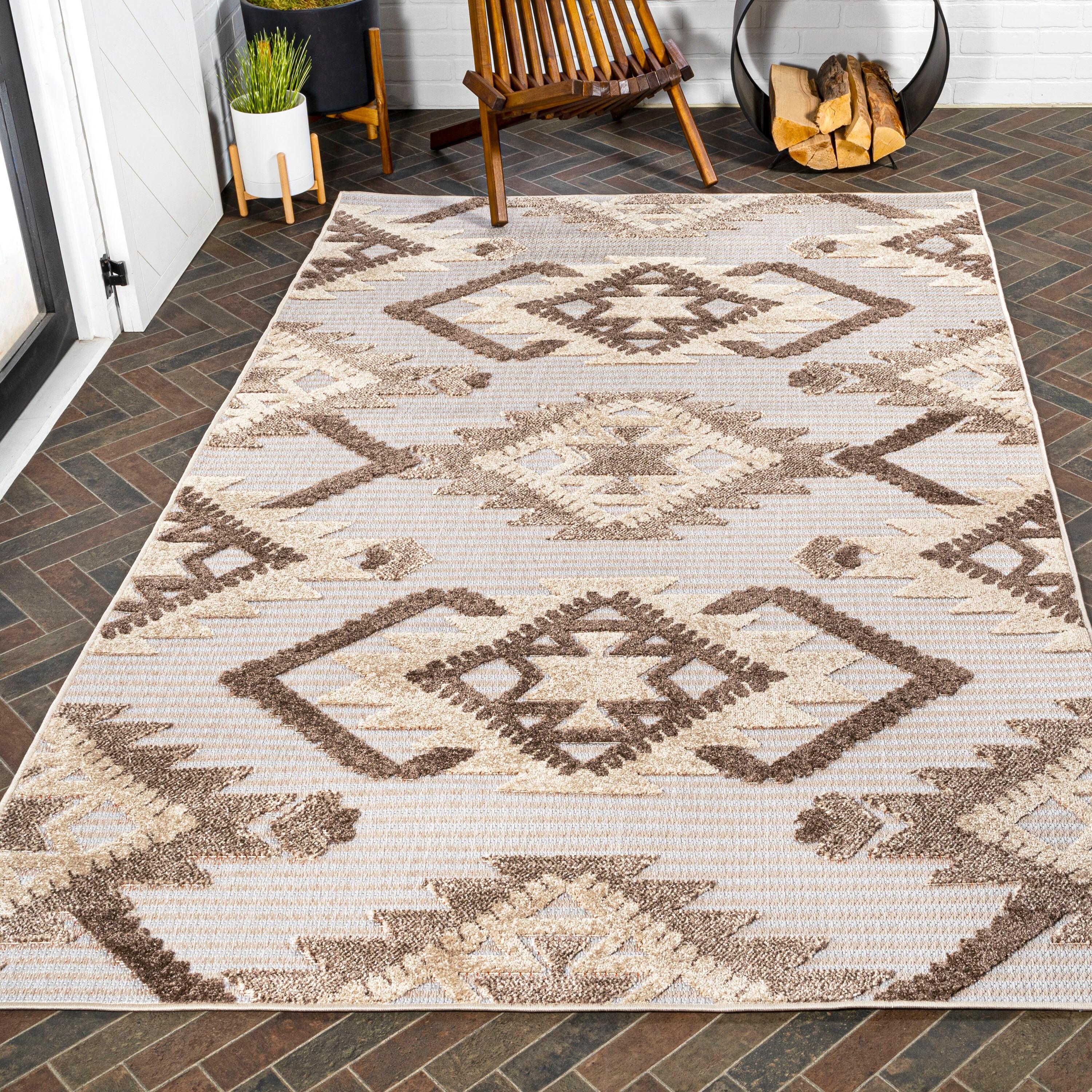 4'x6' Sumak High-Low Pile Neutral Diamond Kilim, Brown/Ivory - JONATHAN Y