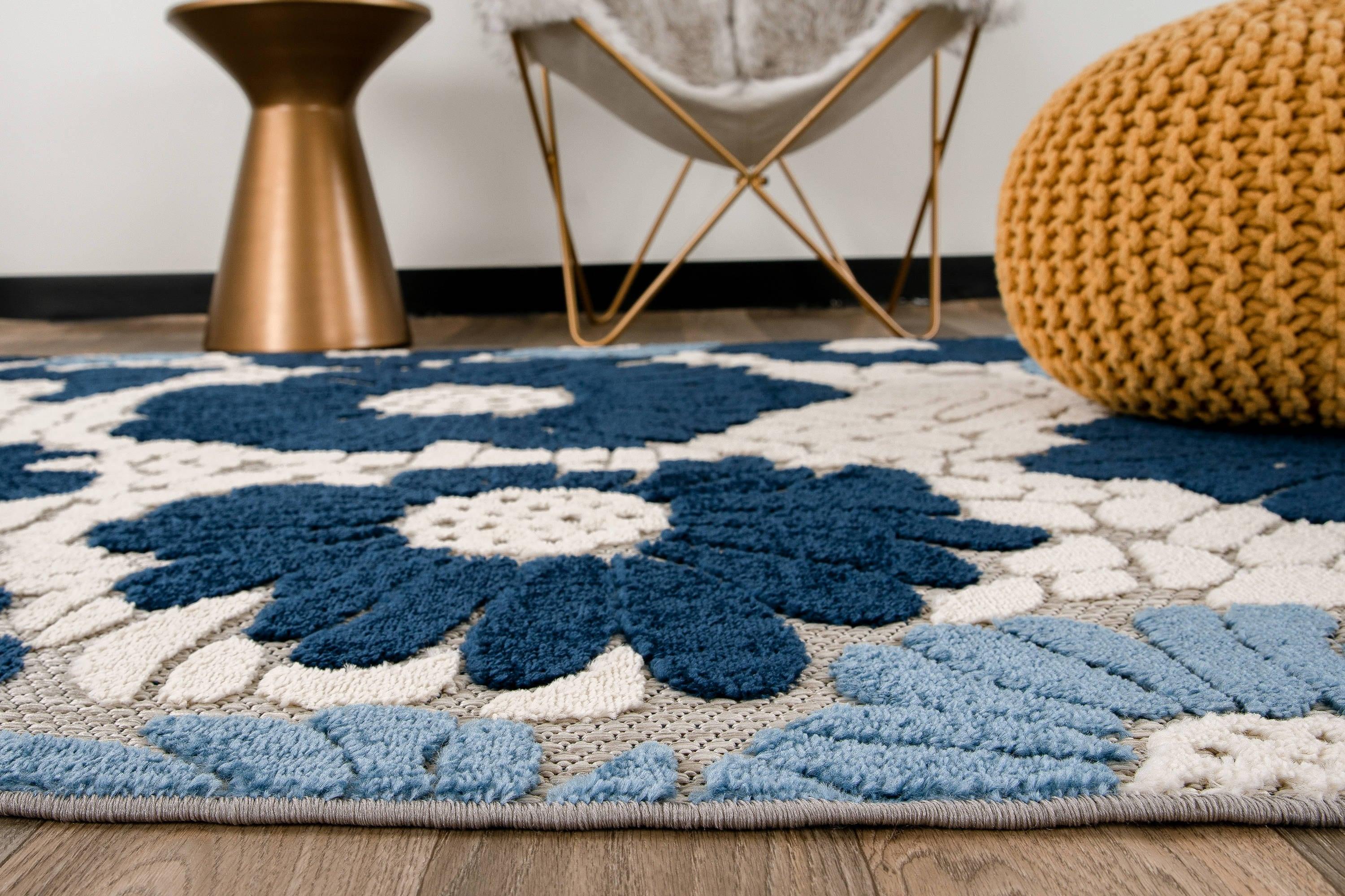 World Rug Gallery Palermo Modern Floral Indoor/Outdoor Area Rug - Navy 5' x 7':  Weather-Resistant,  Low Pile,  Botanical Pattern