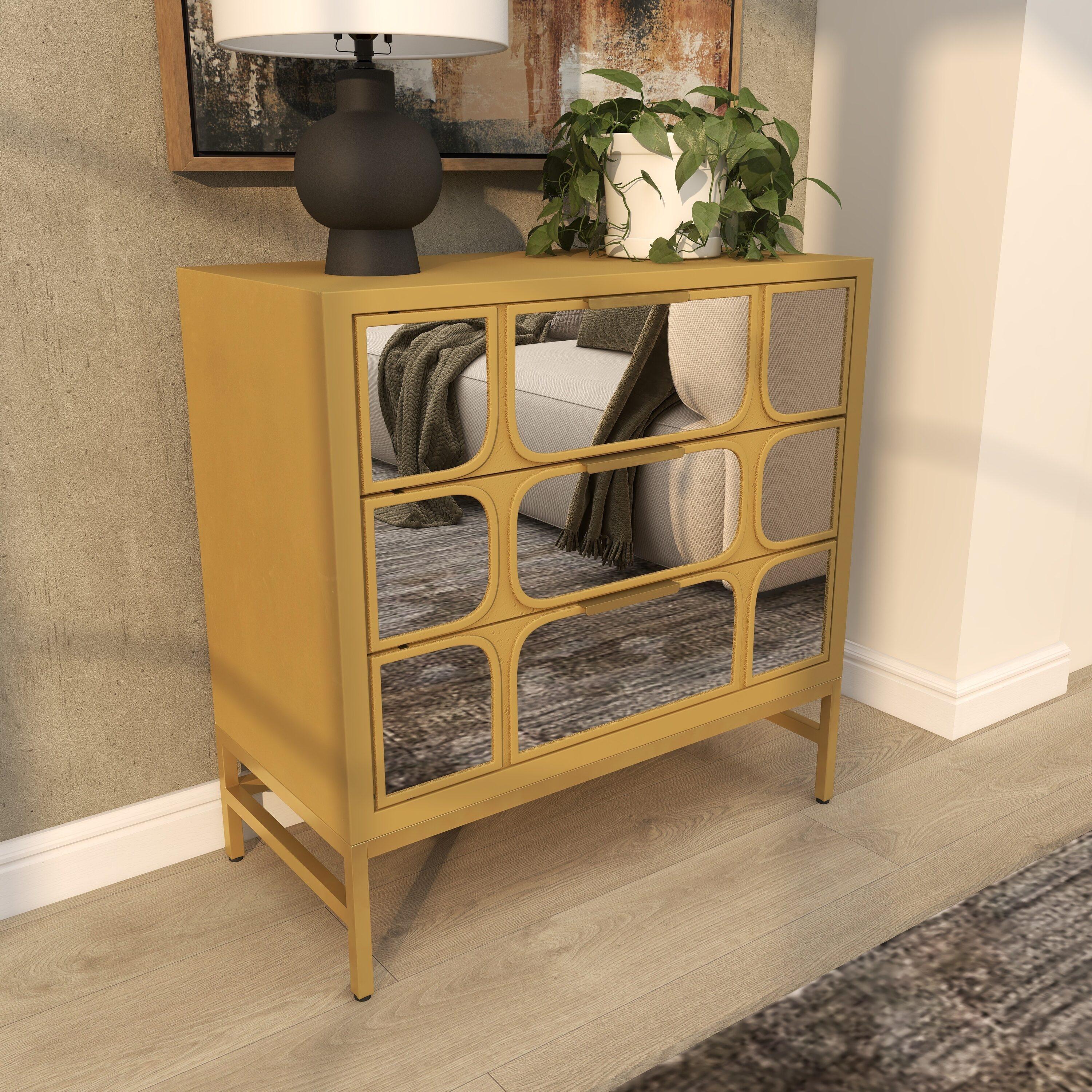 DecMode 32" x 32" Gold Wood 3 Drawer Cabinet with Mirrored Front, 1-Piece