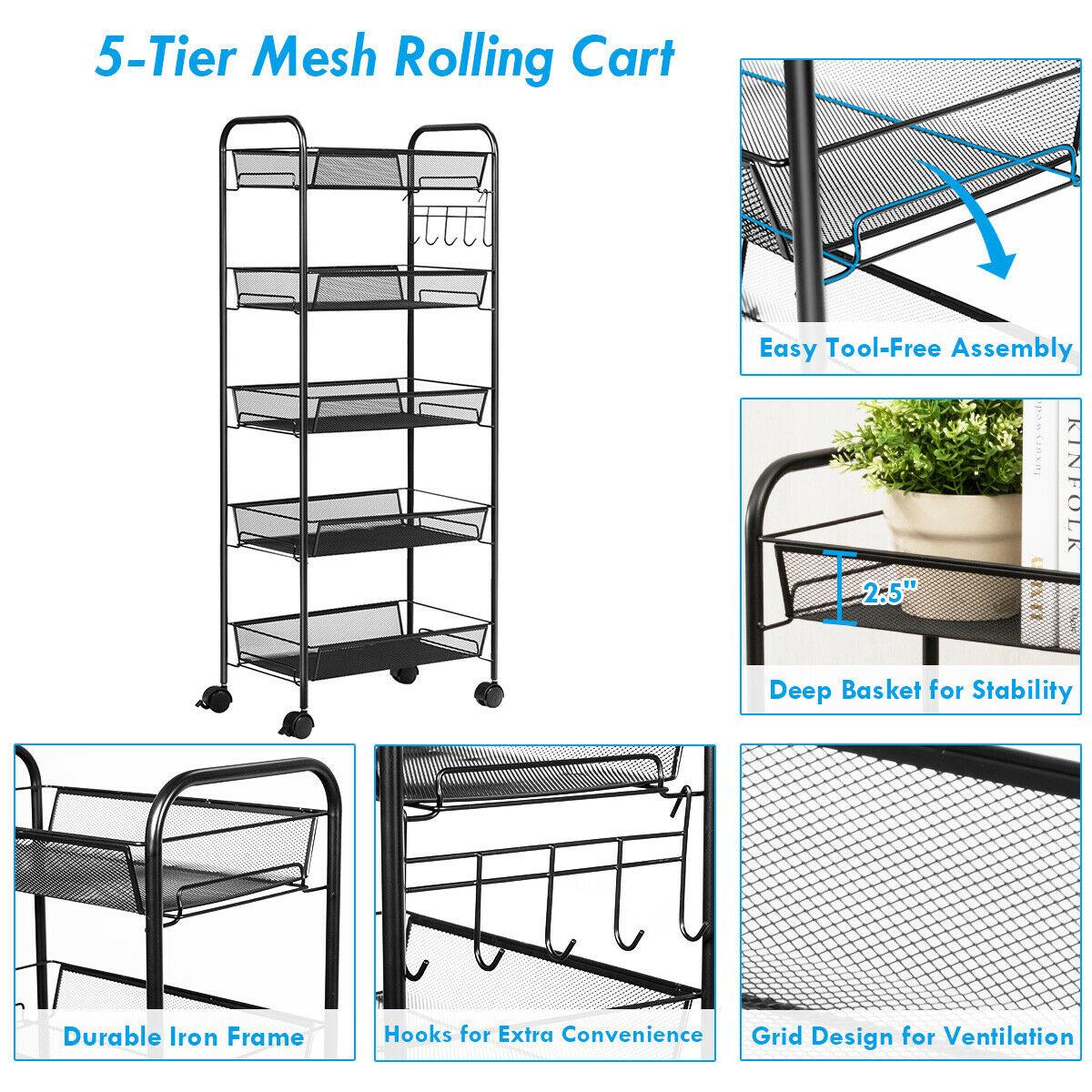Costway 5 Tier Storage Rack Trolley Cart Home Kitchen Organizer Utility Baskets Black
