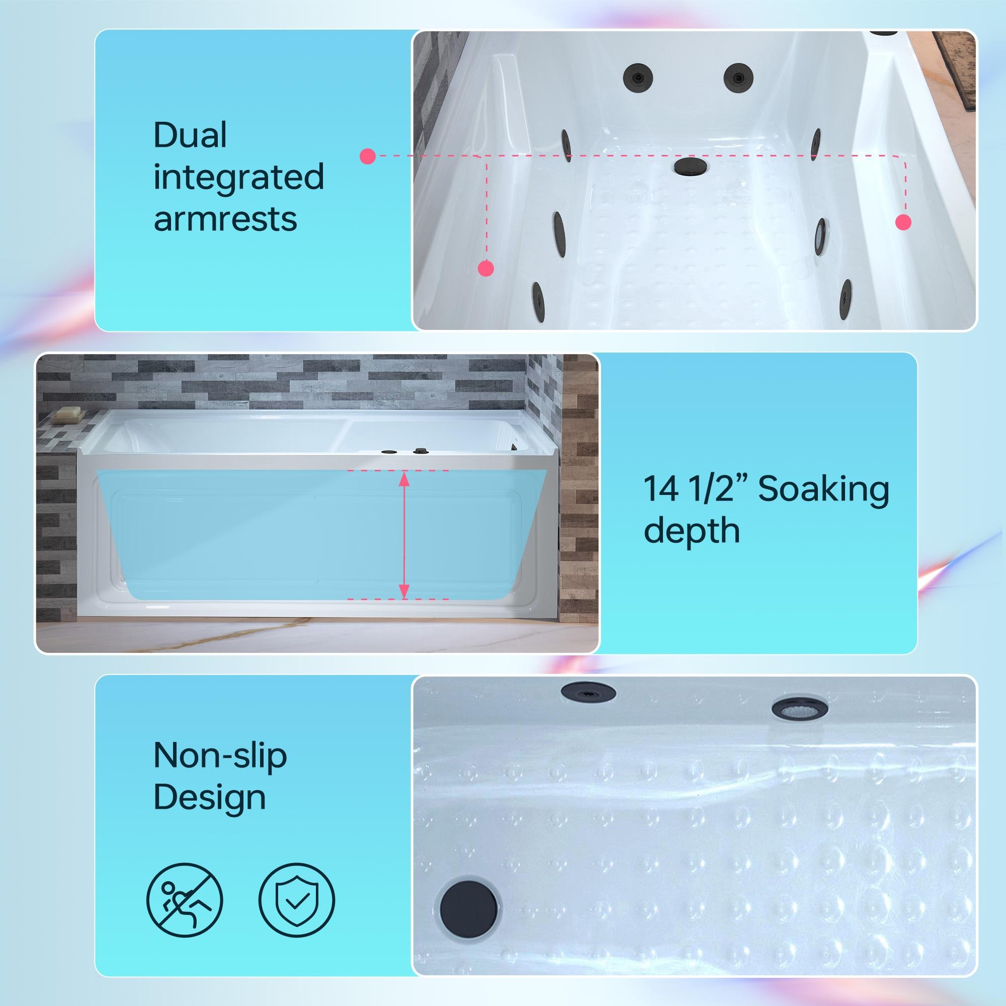 60" x 30" Whirlpool Heated Rectangular Alcove Acrylic Bathtub with Chrome/Matte Black Drain and Overflow