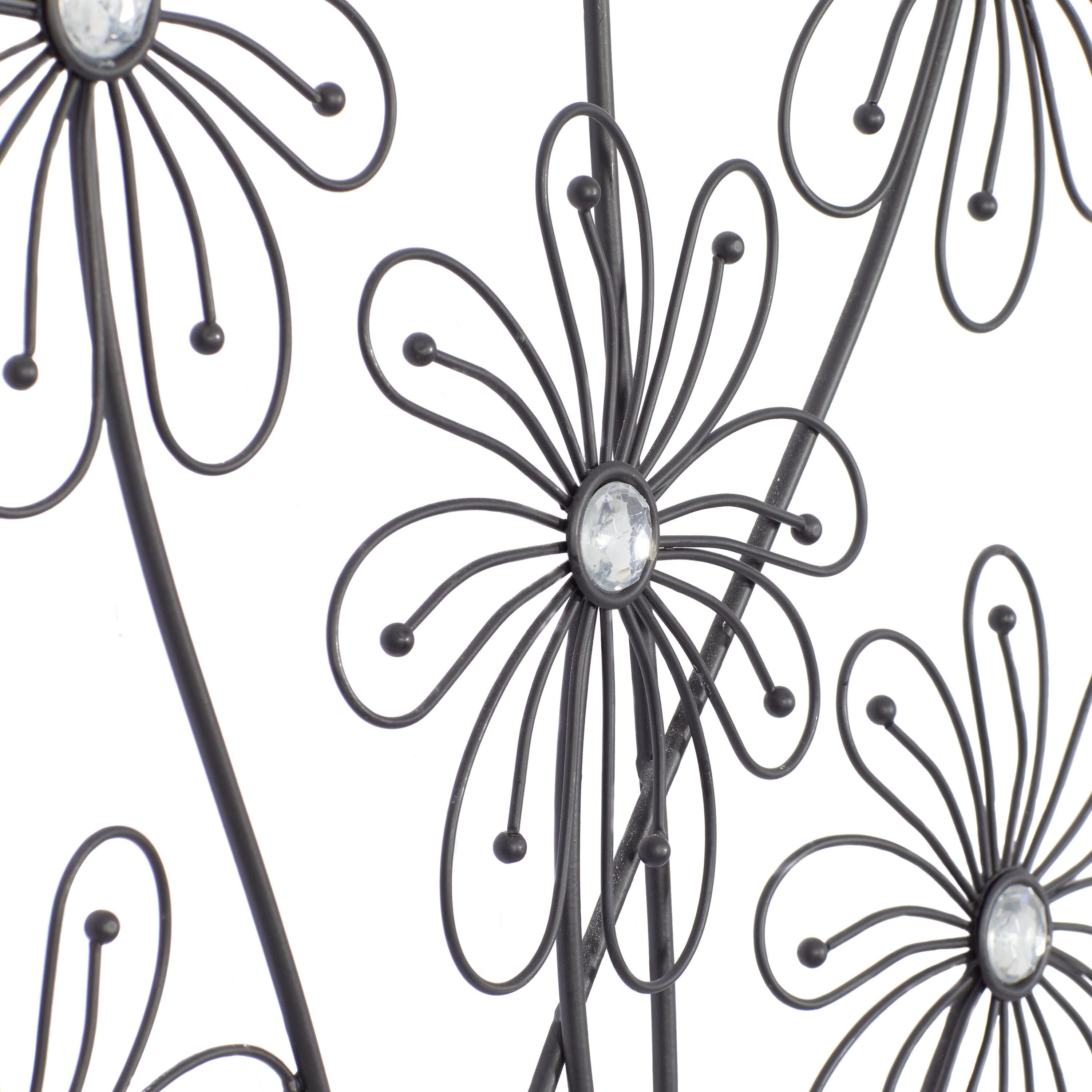 DecMode Black Metal 3D Wire Floral Wall Decor with Crystal Embellishments