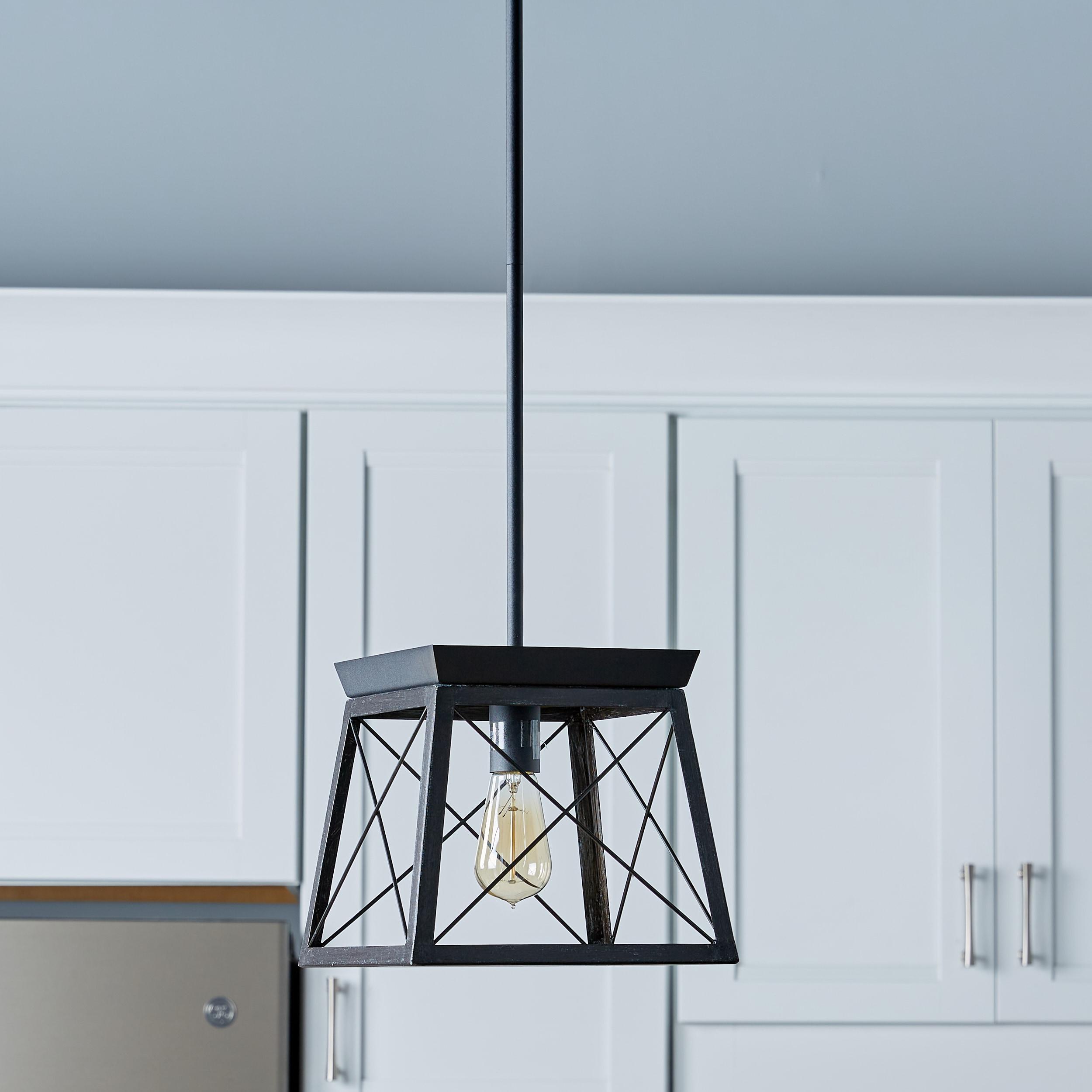 Progress Lighting Briarwood 1-Light Mini-Pendant, Steel, Textured Black, Faux-Painted Wood Enclosure