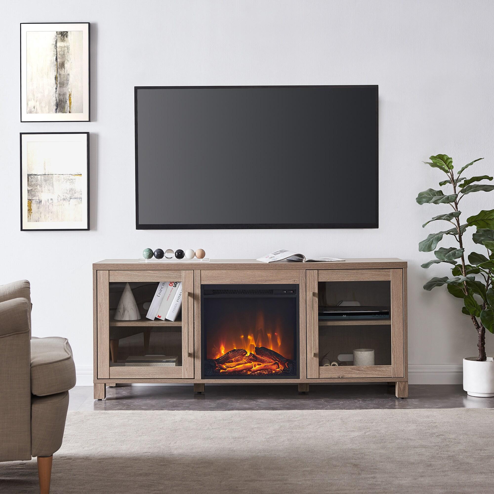 Evelyn&Zoe Quincy Rectangular TV Stand with Log Fireplace for TV's up to 65", Antiqued Gray Oak