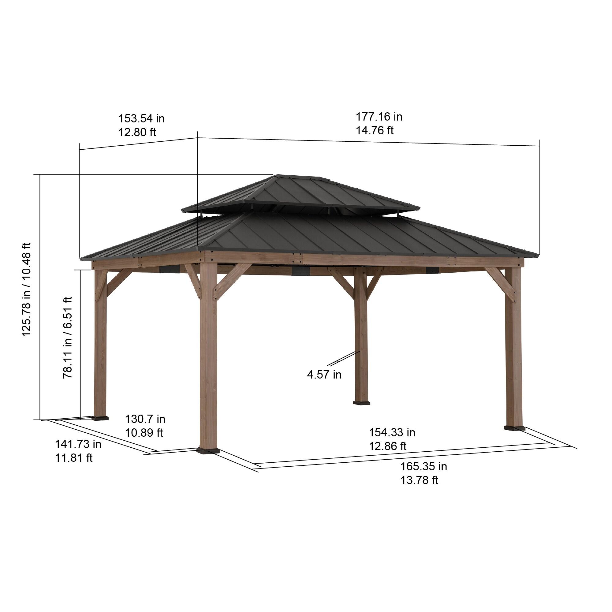 Sunjoy Sunjoy 13 x 15 ft. Wood Gazebo, Outdoor Patio Steel Hardtop Gazebo, Cedar Framed Wooden Gazebo with 2-Tier Metal Roof, Suitable for Patios, Lawn and Backyard