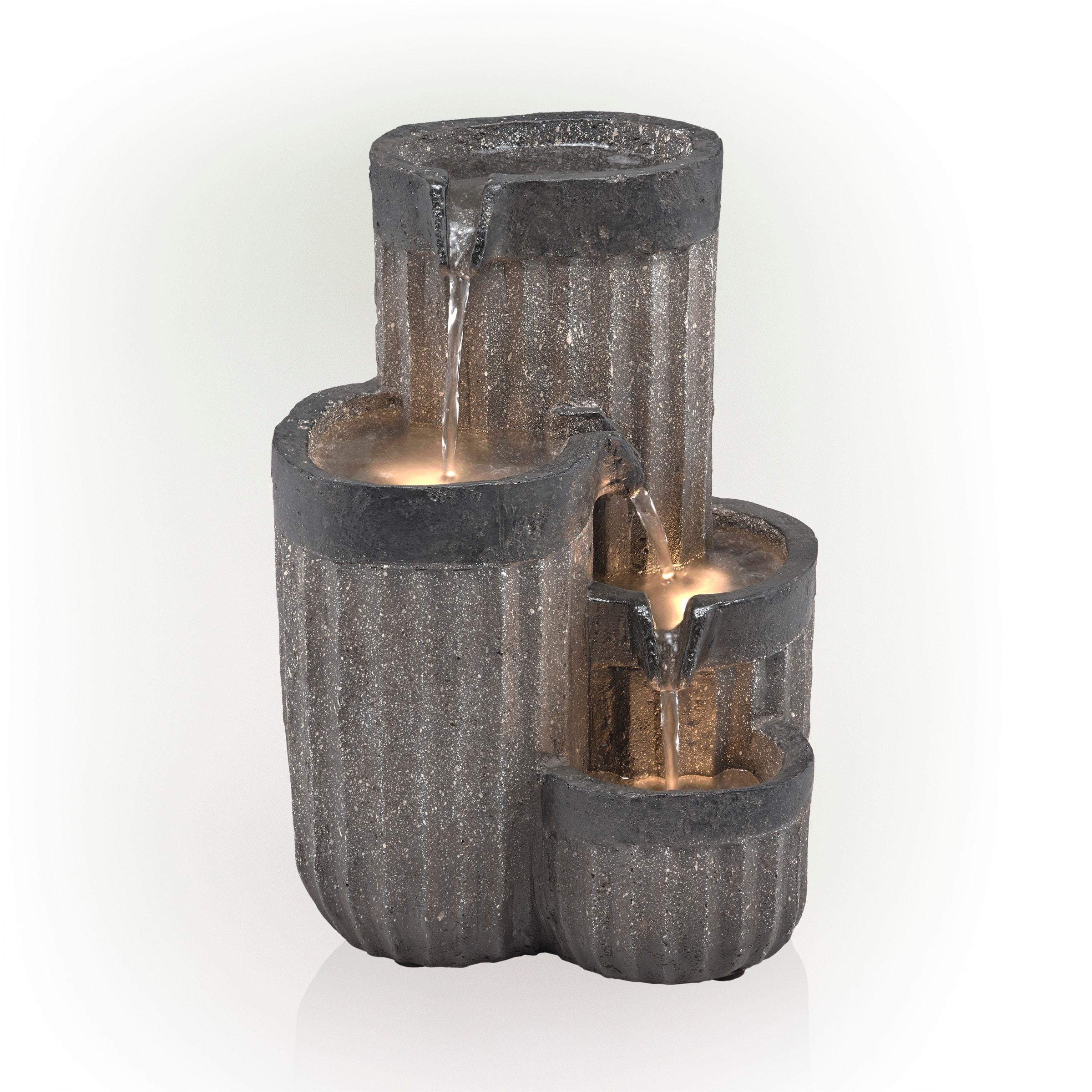 14" Resin Cascading Pillar Tabletop Fountain with LED Lights Gray - Alpine Corporation: Durable, Weatherproof Design, No Assembly Required