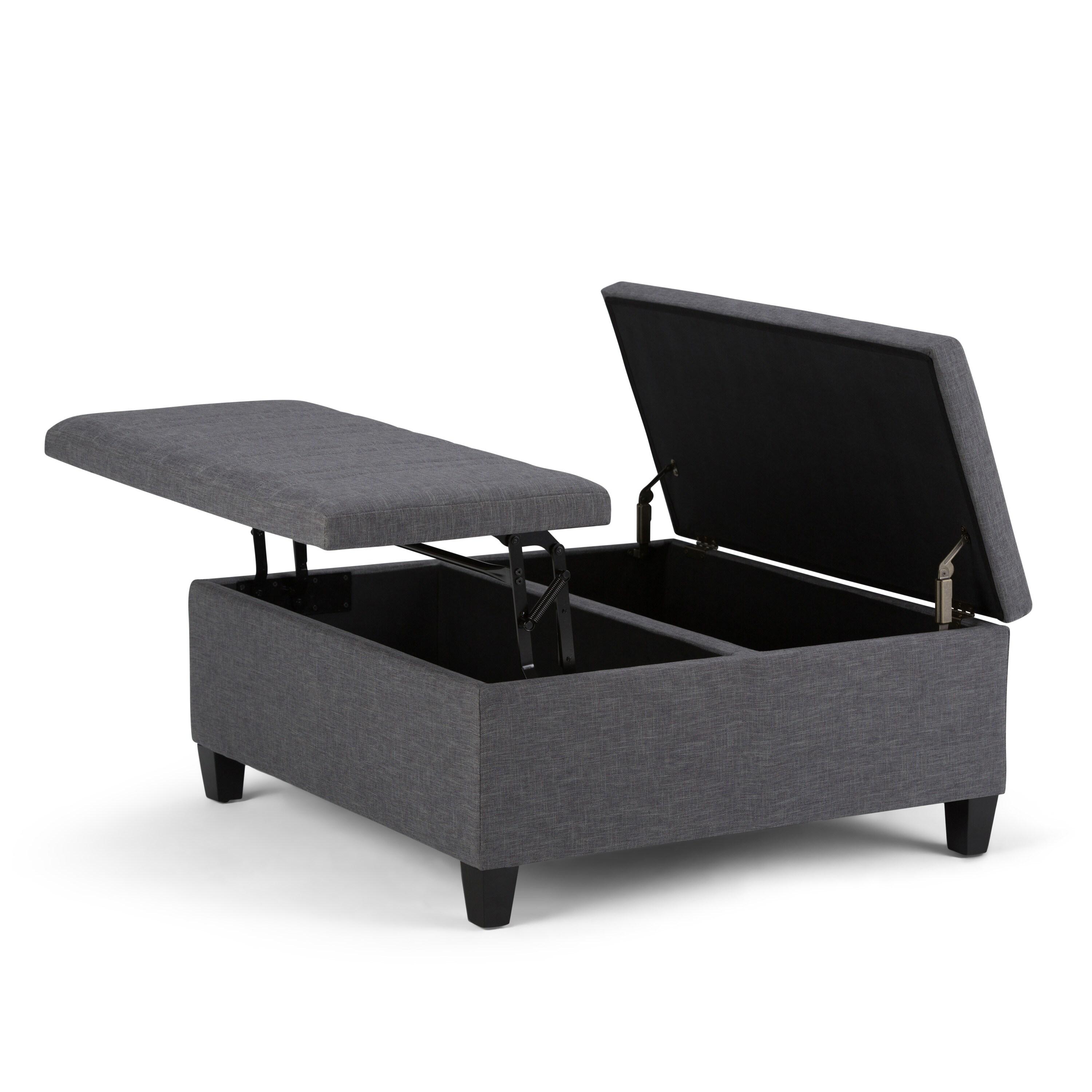 Simpli Home Ellis 36"W Upholstered Square Coffee Table Storage Ottoman with Split Lift Top