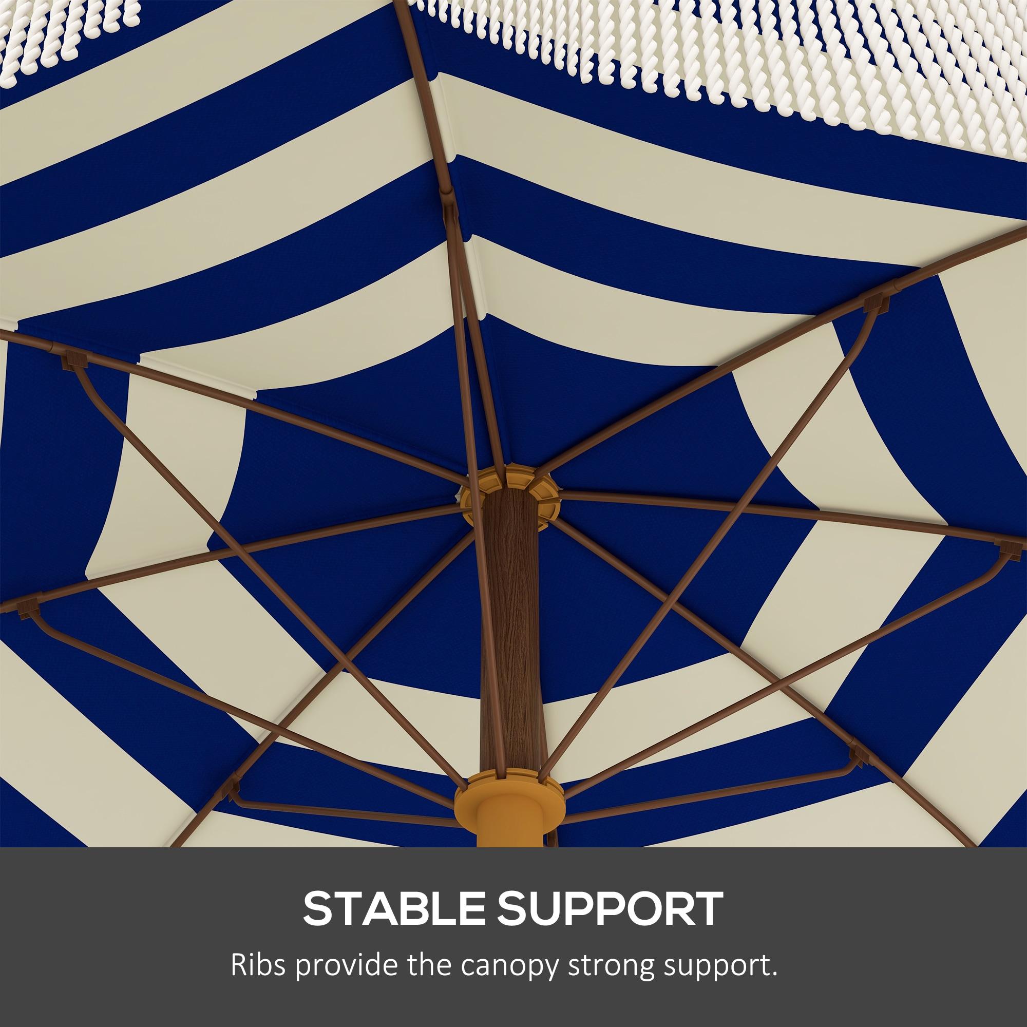 6.2-ft Blue and White Striped Steel Beach Umbrella with Fringe