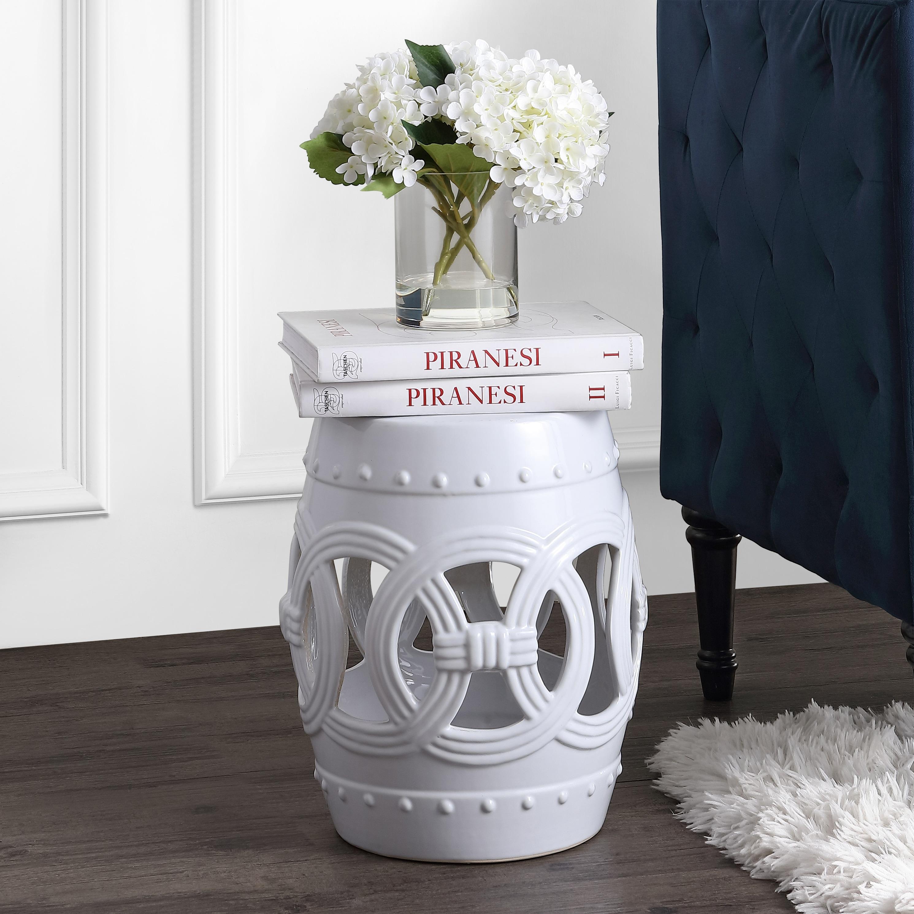 Lucky Coins 16" Eastern-Inspired Ceramic Drum Garden Stool, White - JONATHAN Y