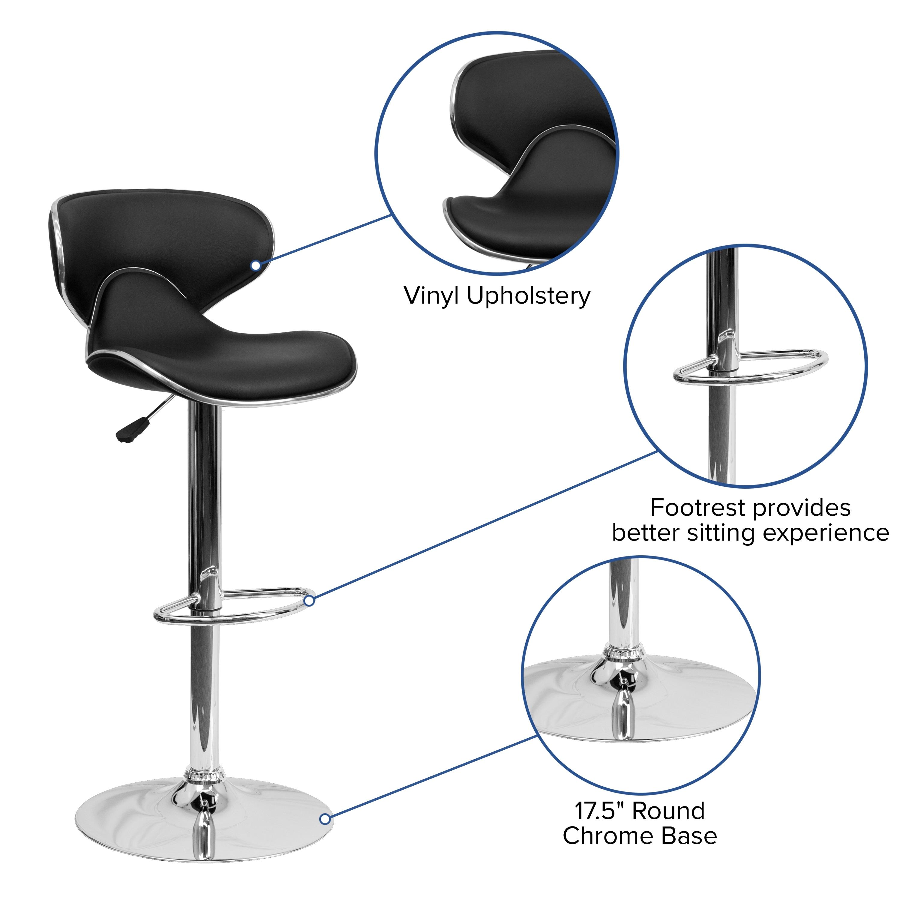 Flash Furniture Contemporary Cozy Mid-Back Black Vinyl Adjustable Height Barstool with Chrome Base