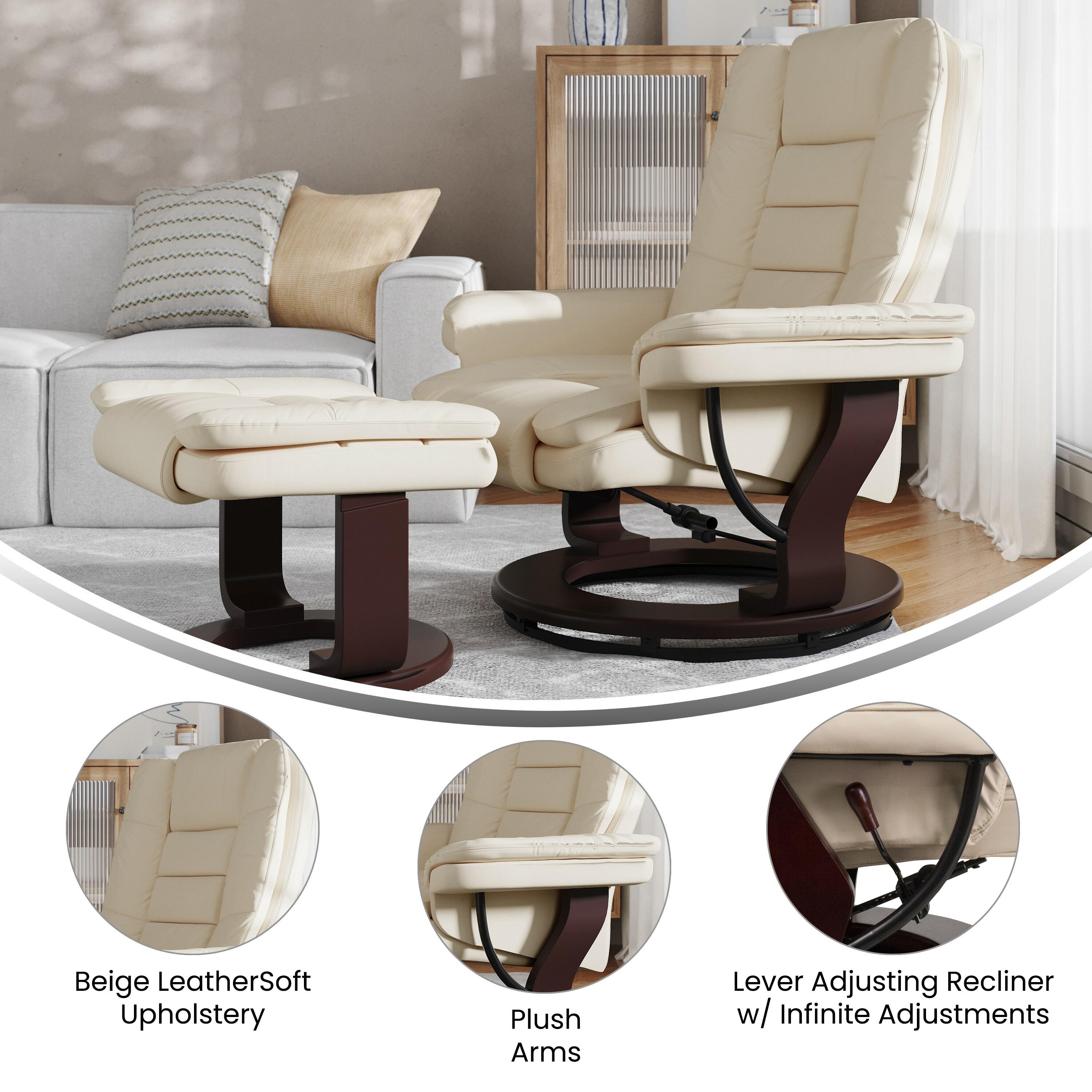 Flash Furniture Bali Contemporary Multi-Position Recliner with Horizontal Stitching and Ottoman with Swivel Mahogany Wood Base in Beige LeatherSoft