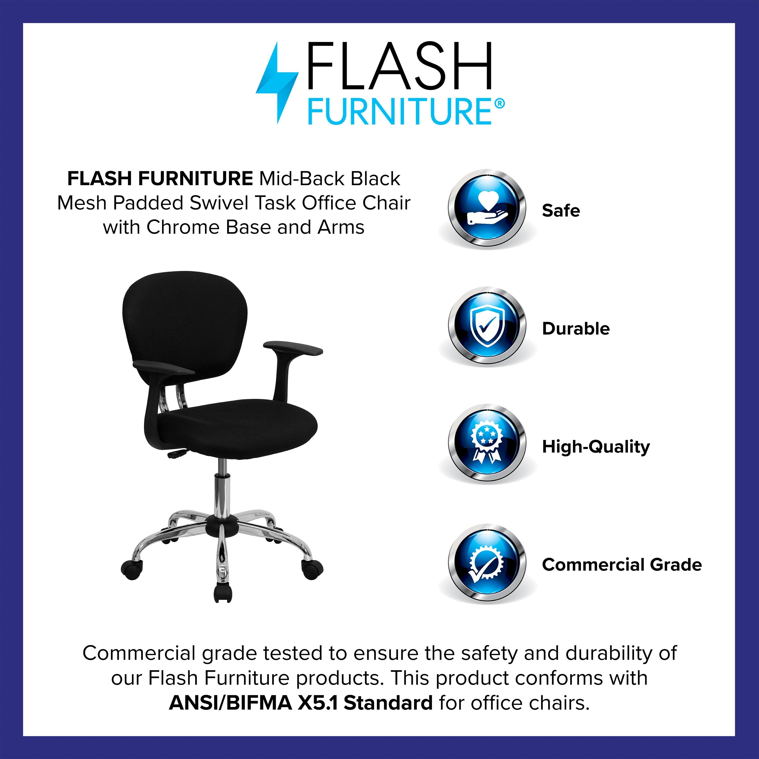 Flash Furniture Beverly Mid-Back Black Mesh Padded Swivel Task Office Chair with Chrome Base and Arms