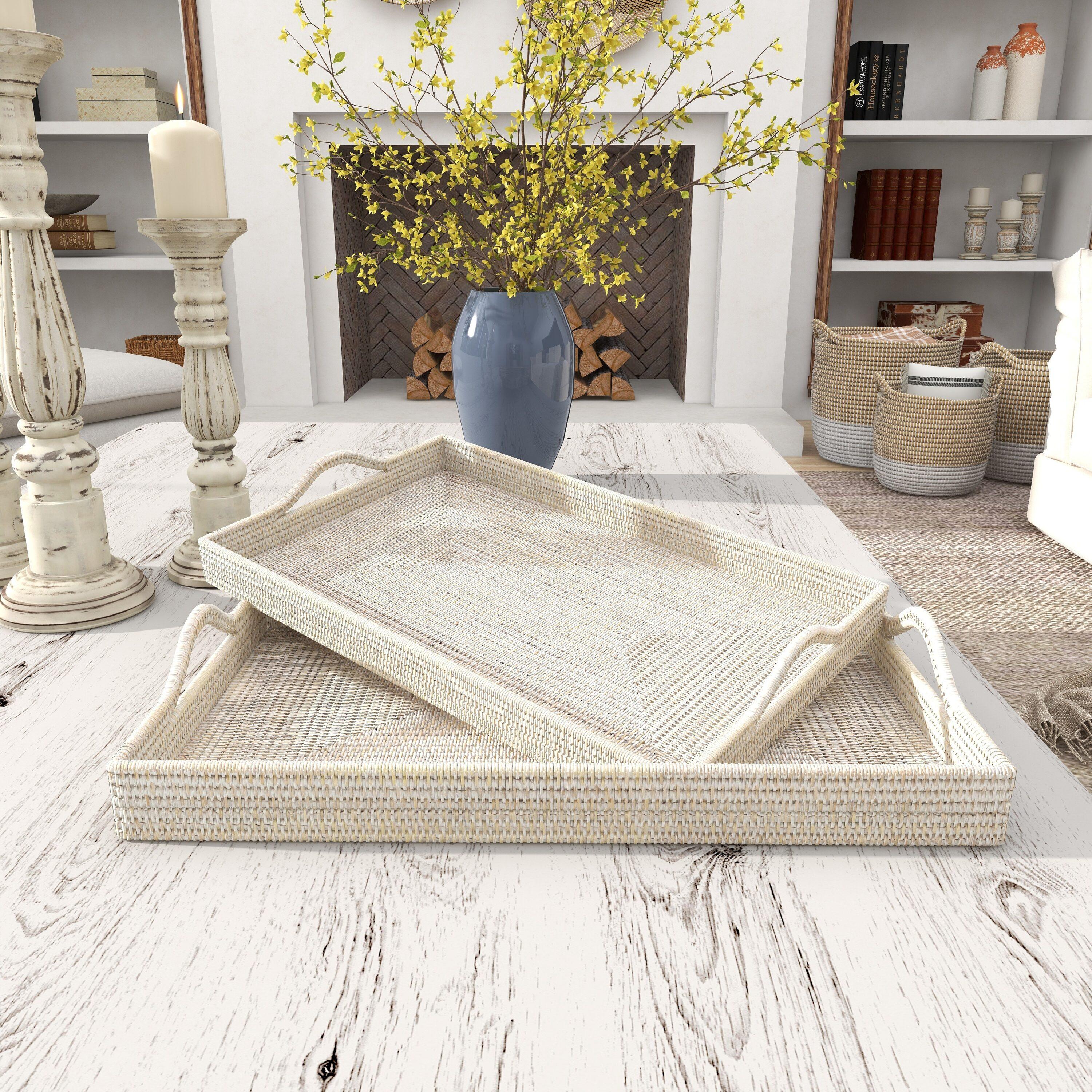 DecMode 26", 23"W Cream Rattan  Tray, 2-Pieces