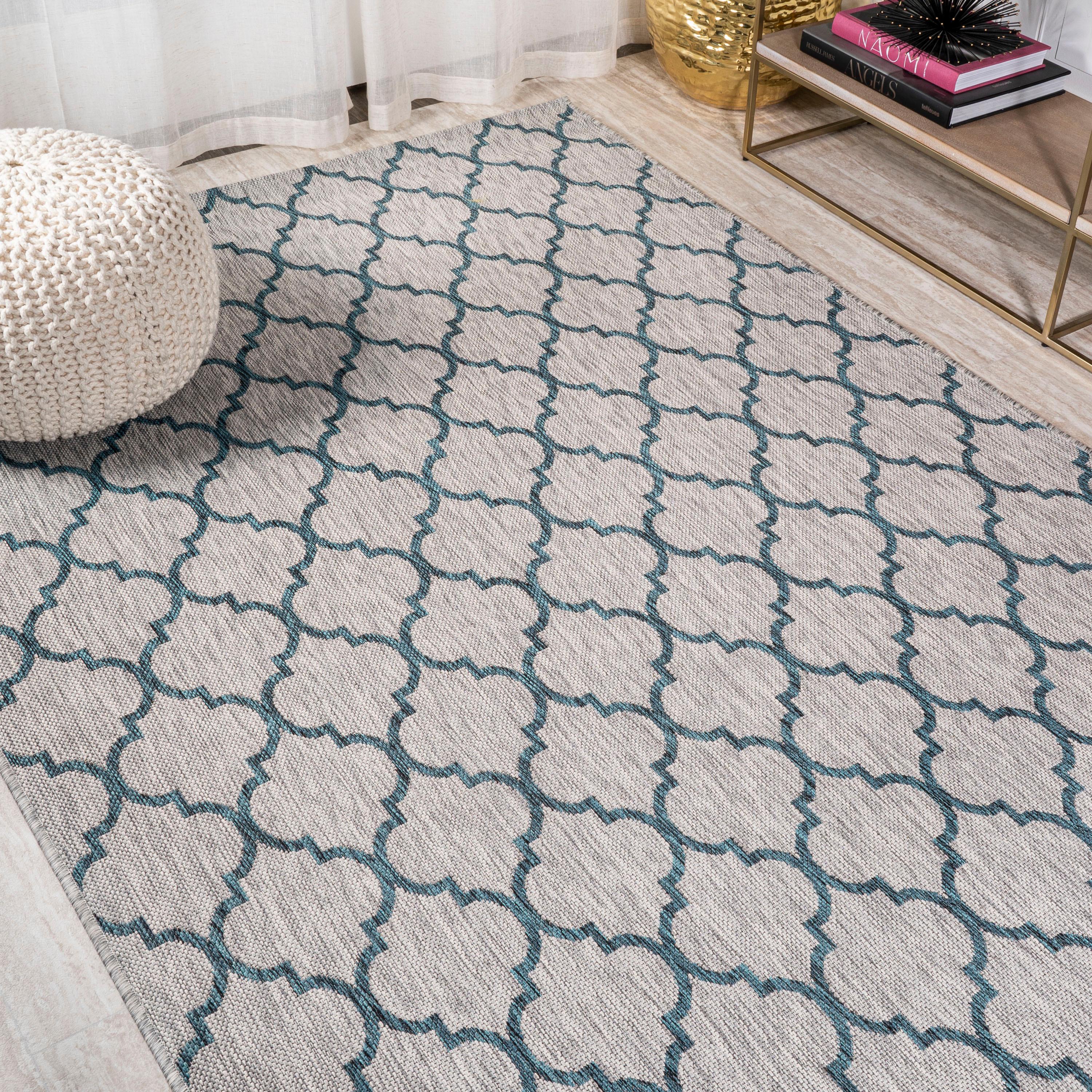 8'x10' Arabesque Ogee Trellis Indoor/Outdoor  Area Rug, Gray/Teal - JONATHAN Y